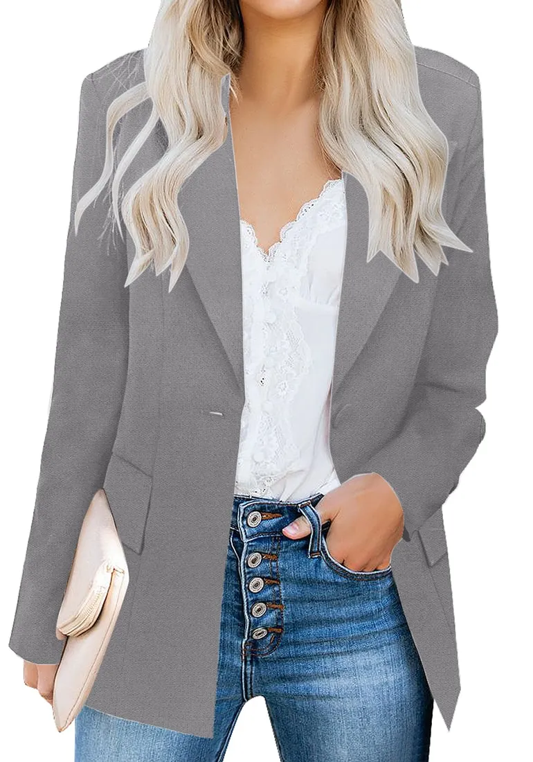 Grey Lapel Front-Button Side-Pockets Blazer