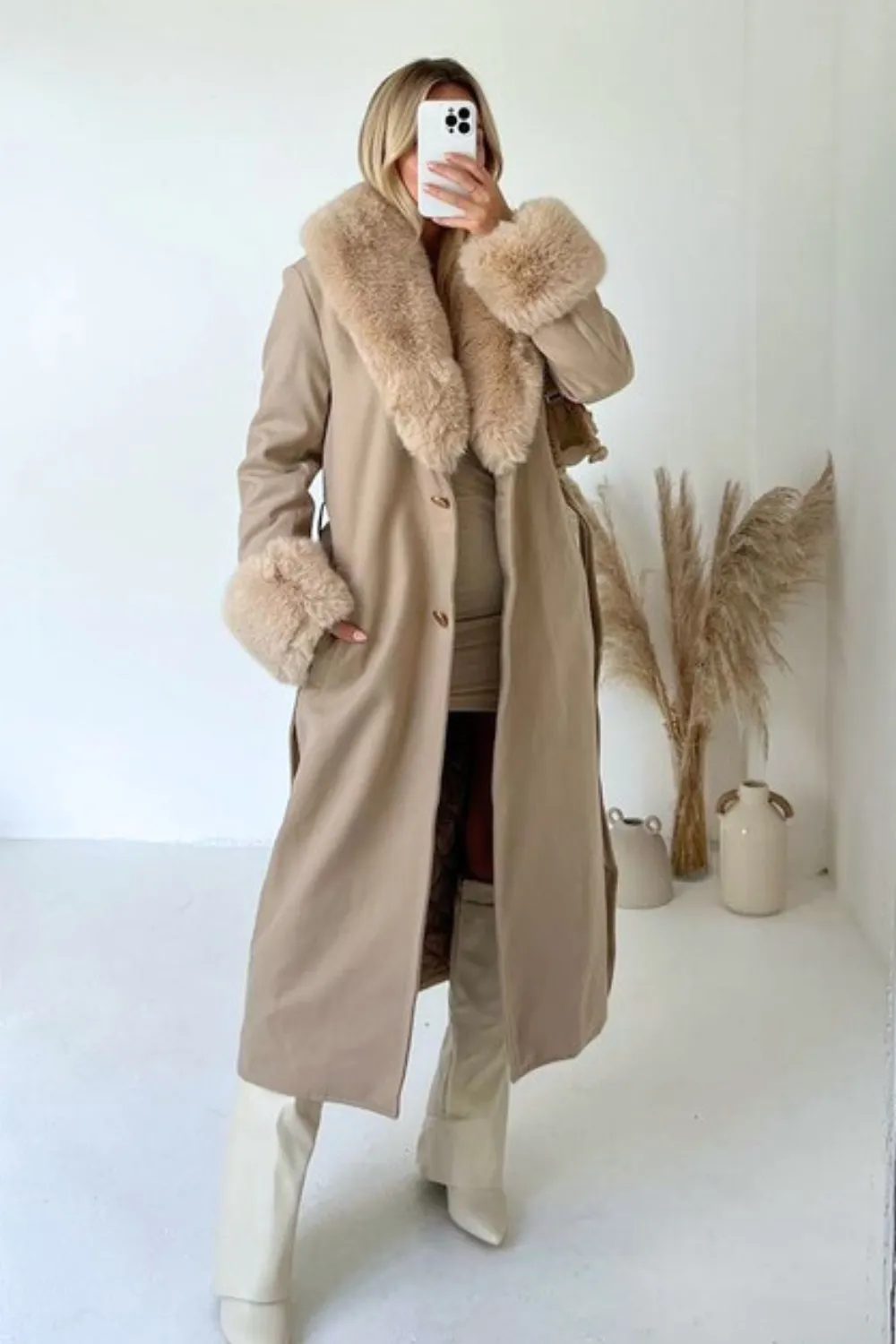 Hazel beige felt faux fur long coat