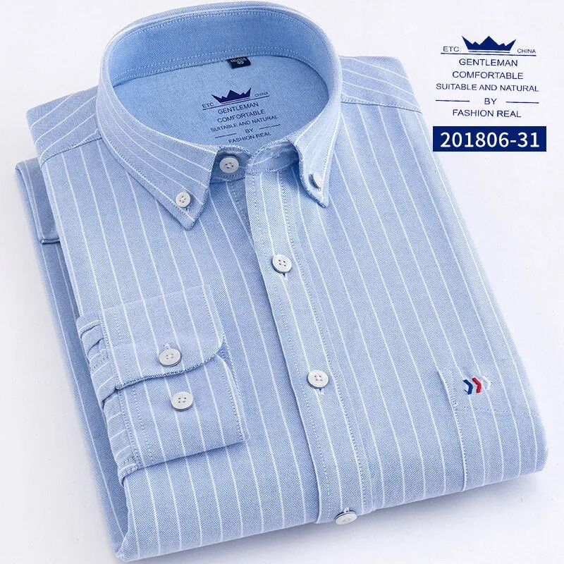 High Quality 100% Cotton Oxford Mens Long Sleeve Shirts Casual Slim-fit Plaid/Striped Male Dress Shirt For Men Business Shirts