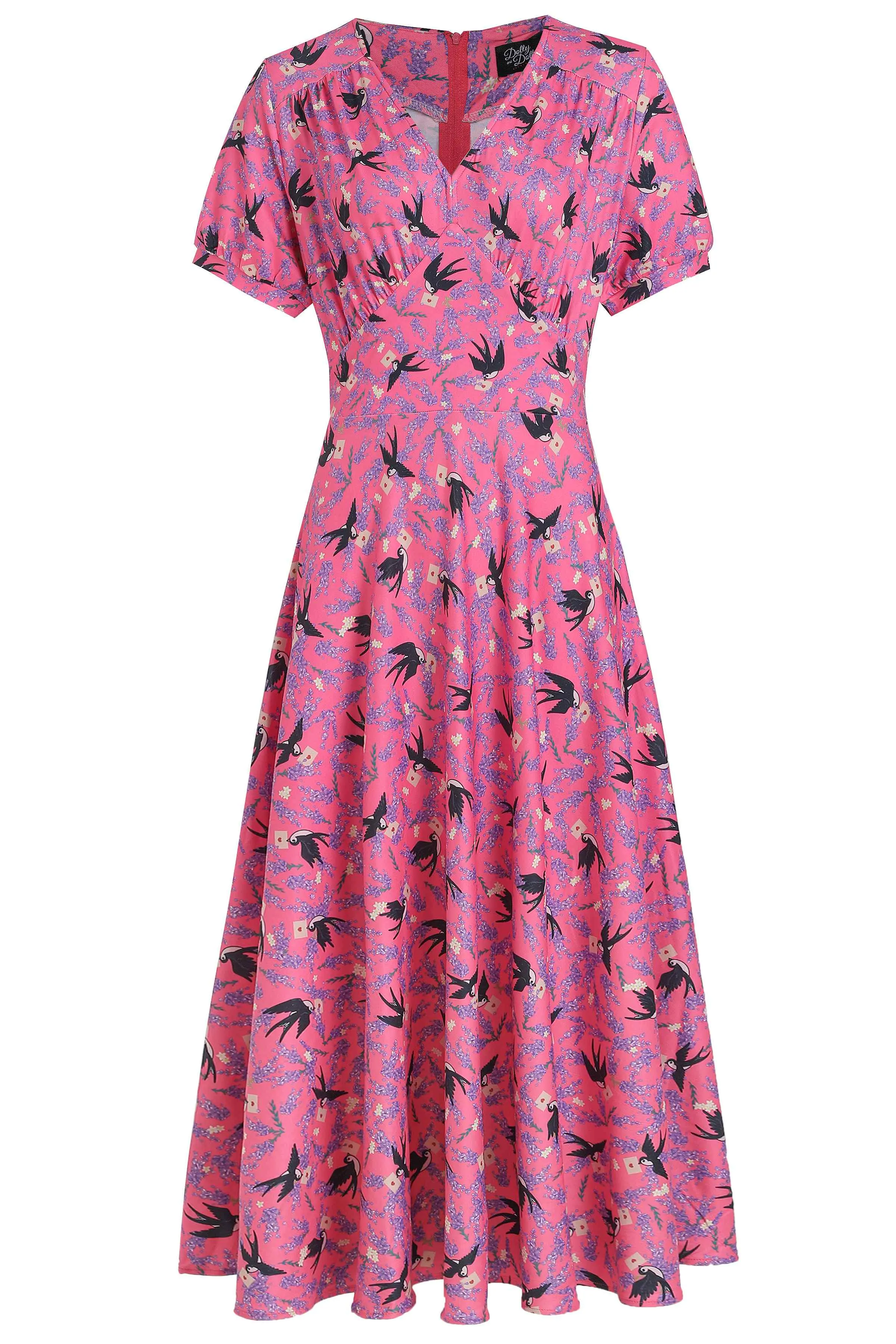 Julia Retro Pink Swallow Tea Dress