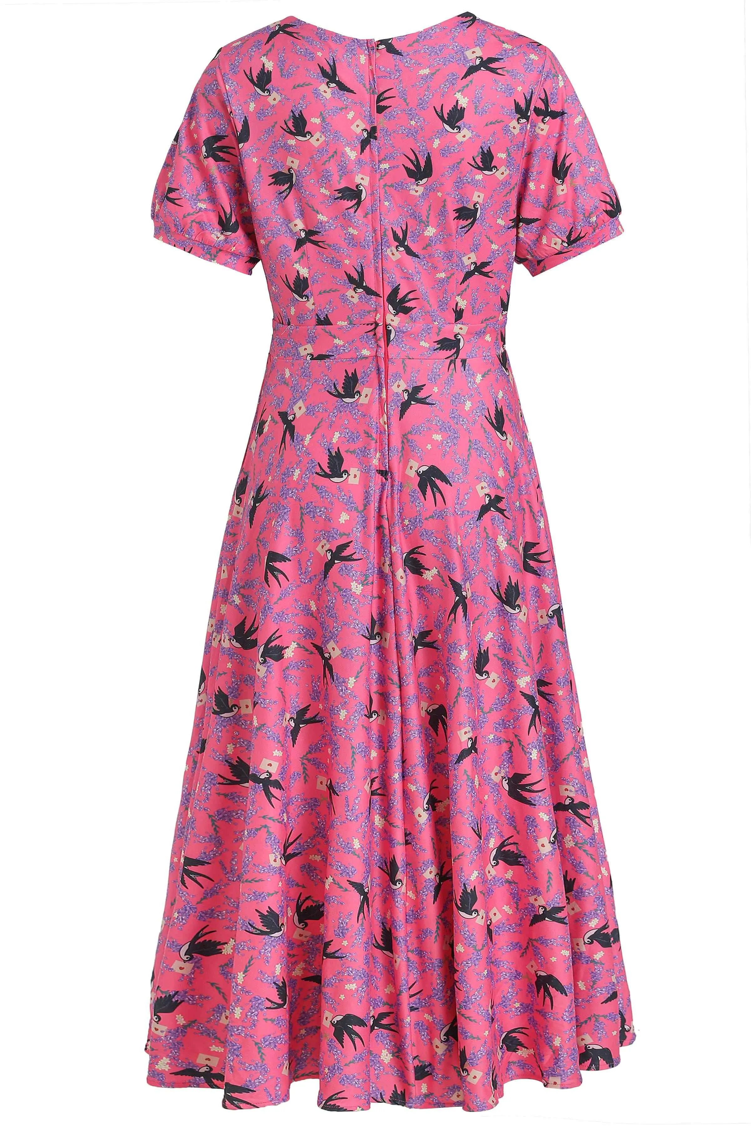 Julia Retro Pink Swallow Tea Dress