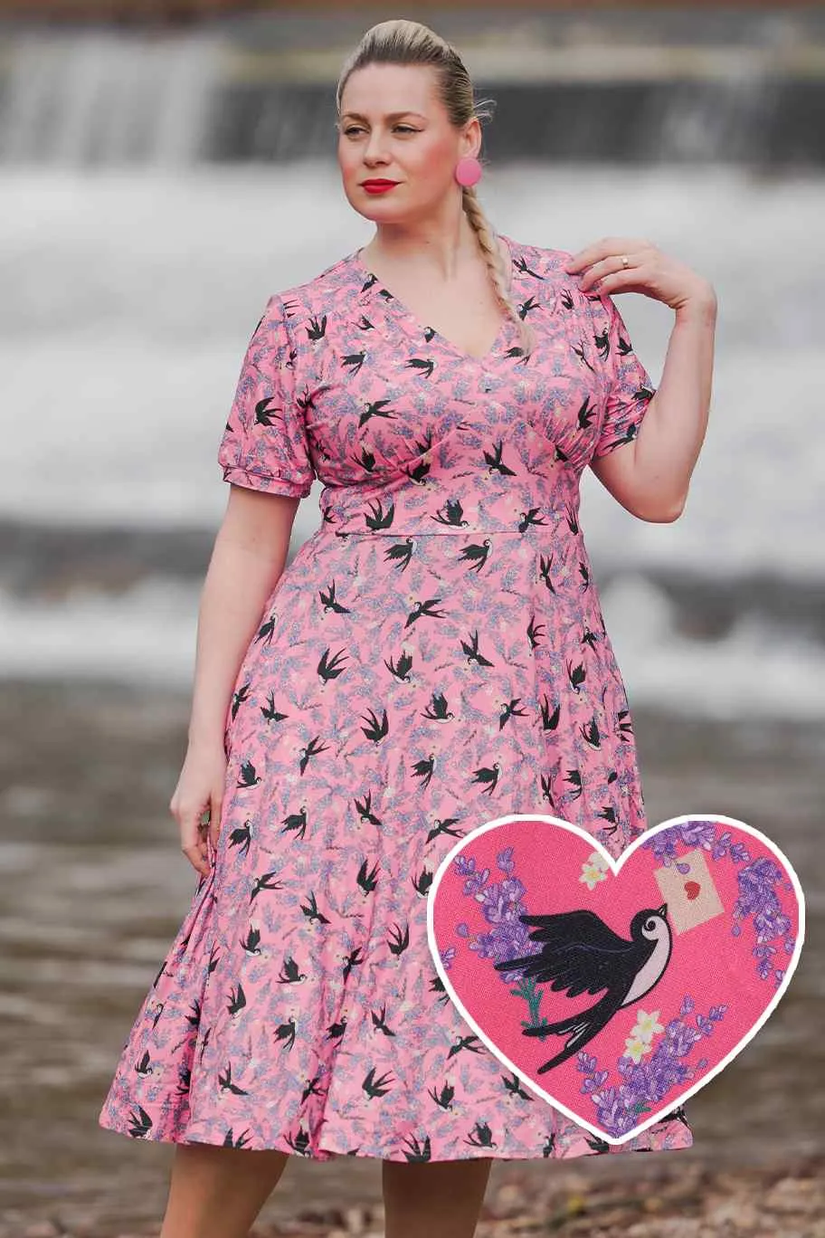 Julia Retro Pink Swallow Tea Dress