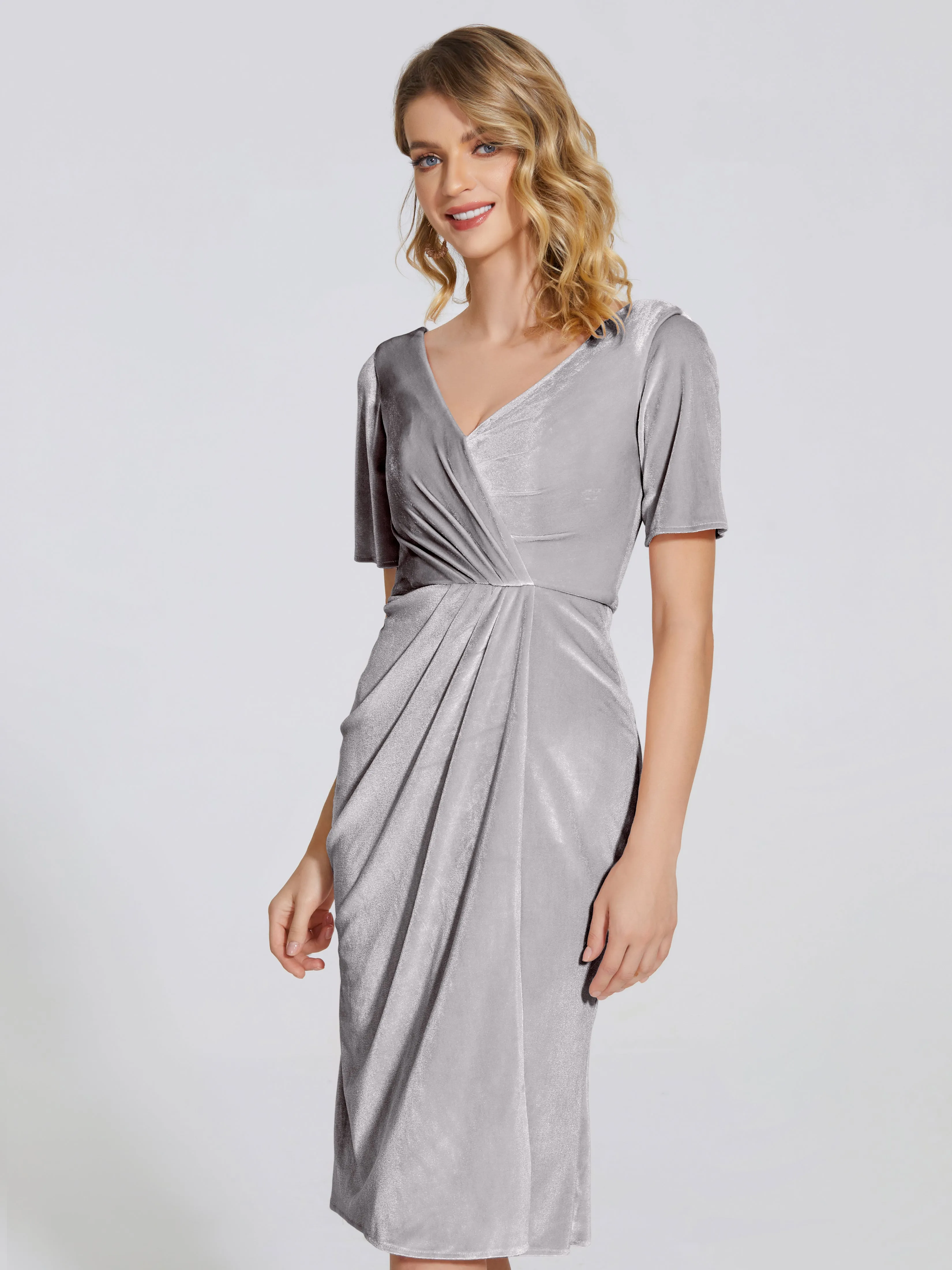 Kendall Flattering V-neck Knee Length Velvet Bridesmaid Dresses