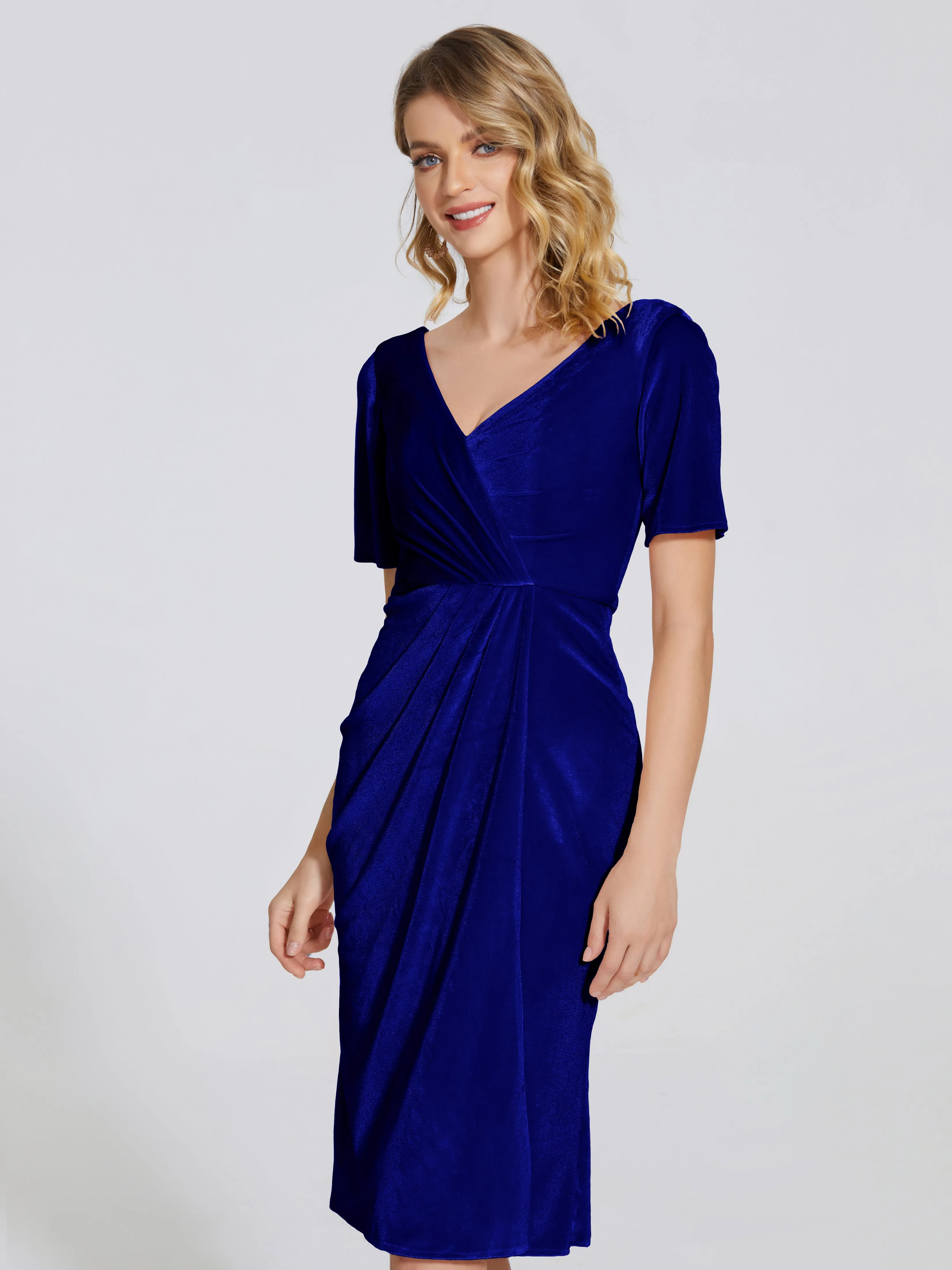 Kendall Flattering V-neck Knee Length Velvet Bridesmaid Dresses