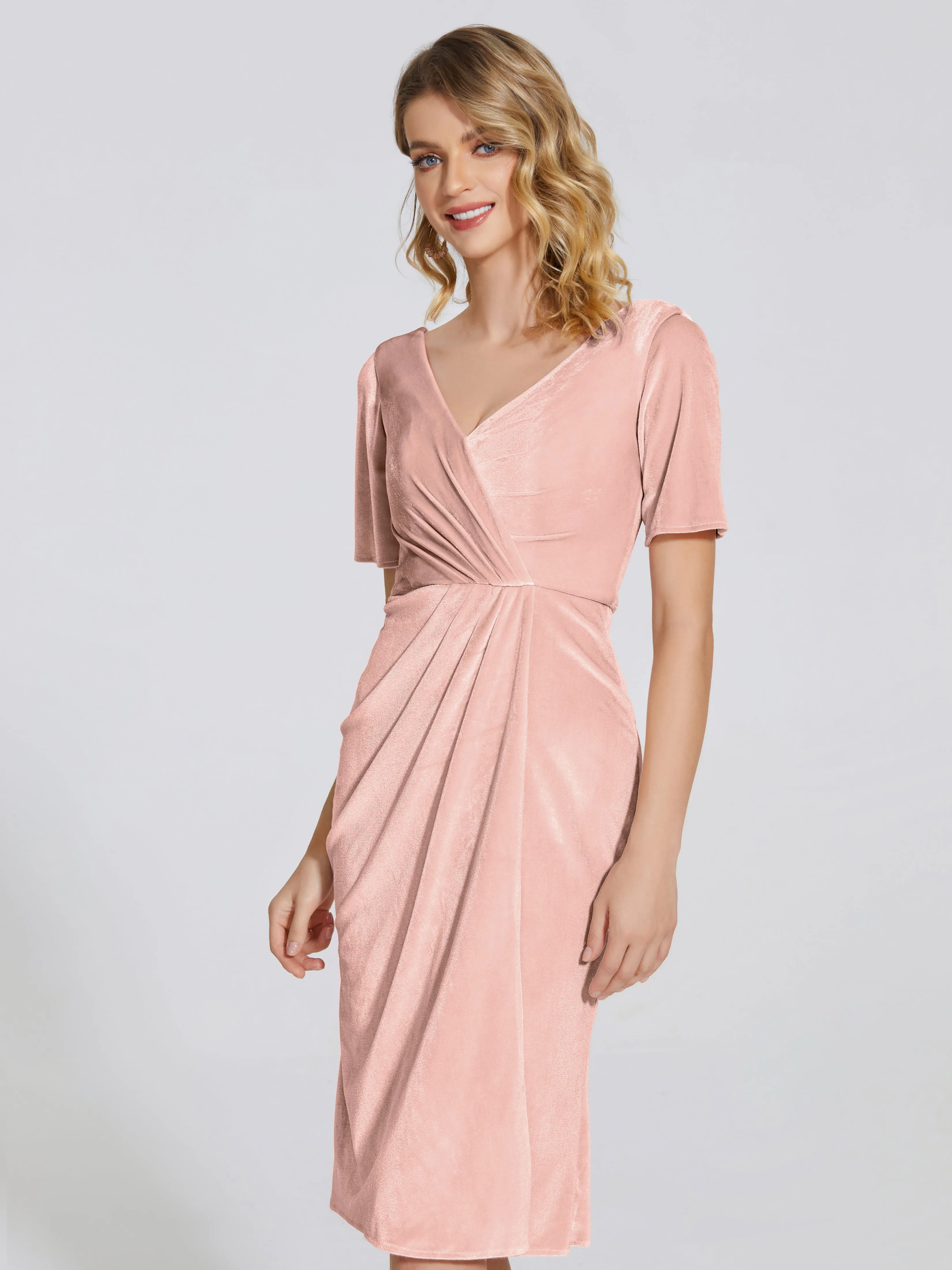 Kendall Flattering V-neck Knee Length Velvet Bridesmaid Dresses