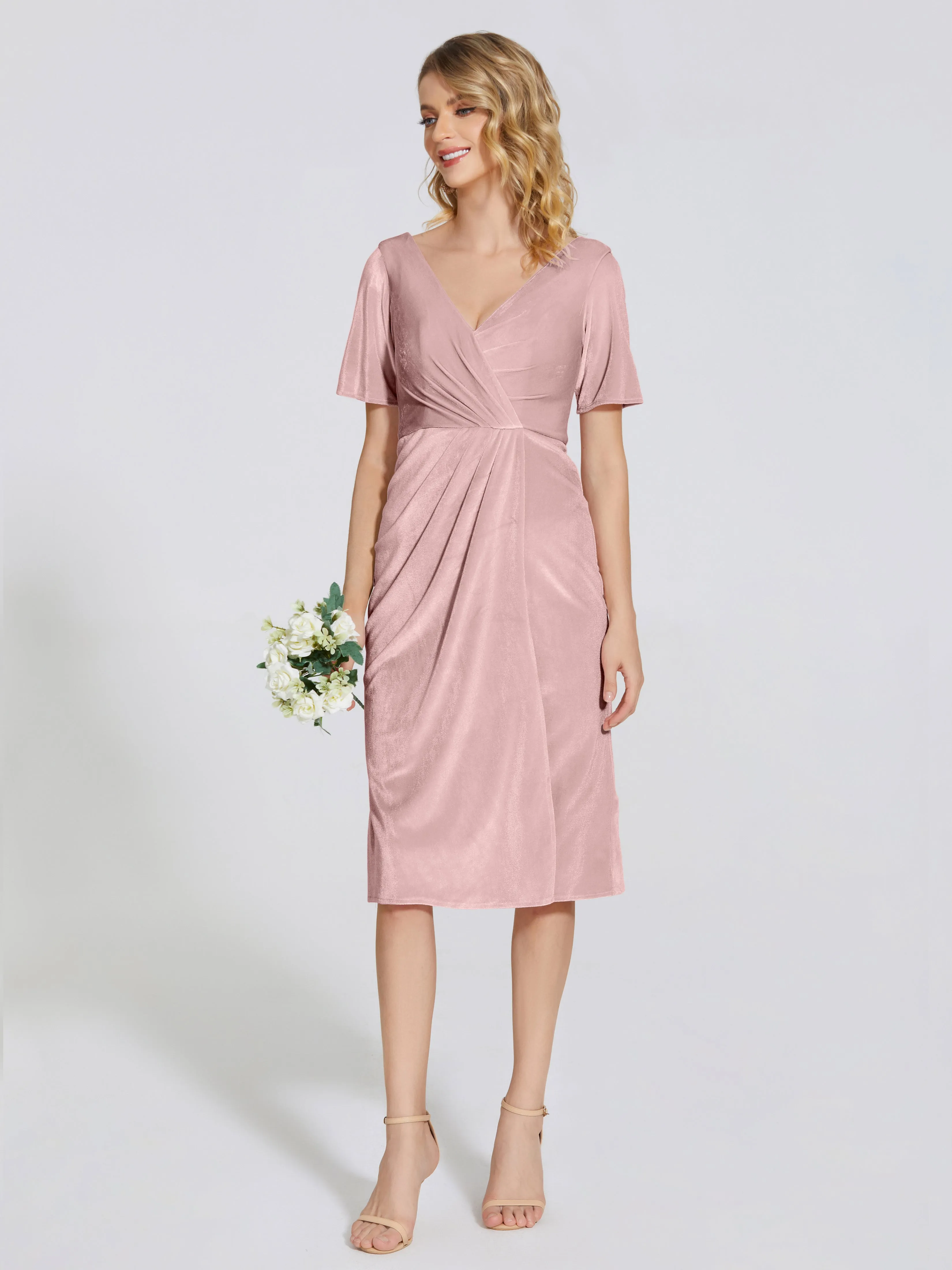 Kendall Flattering V-neck Knee Length Velvet Bridesmaid Dresses