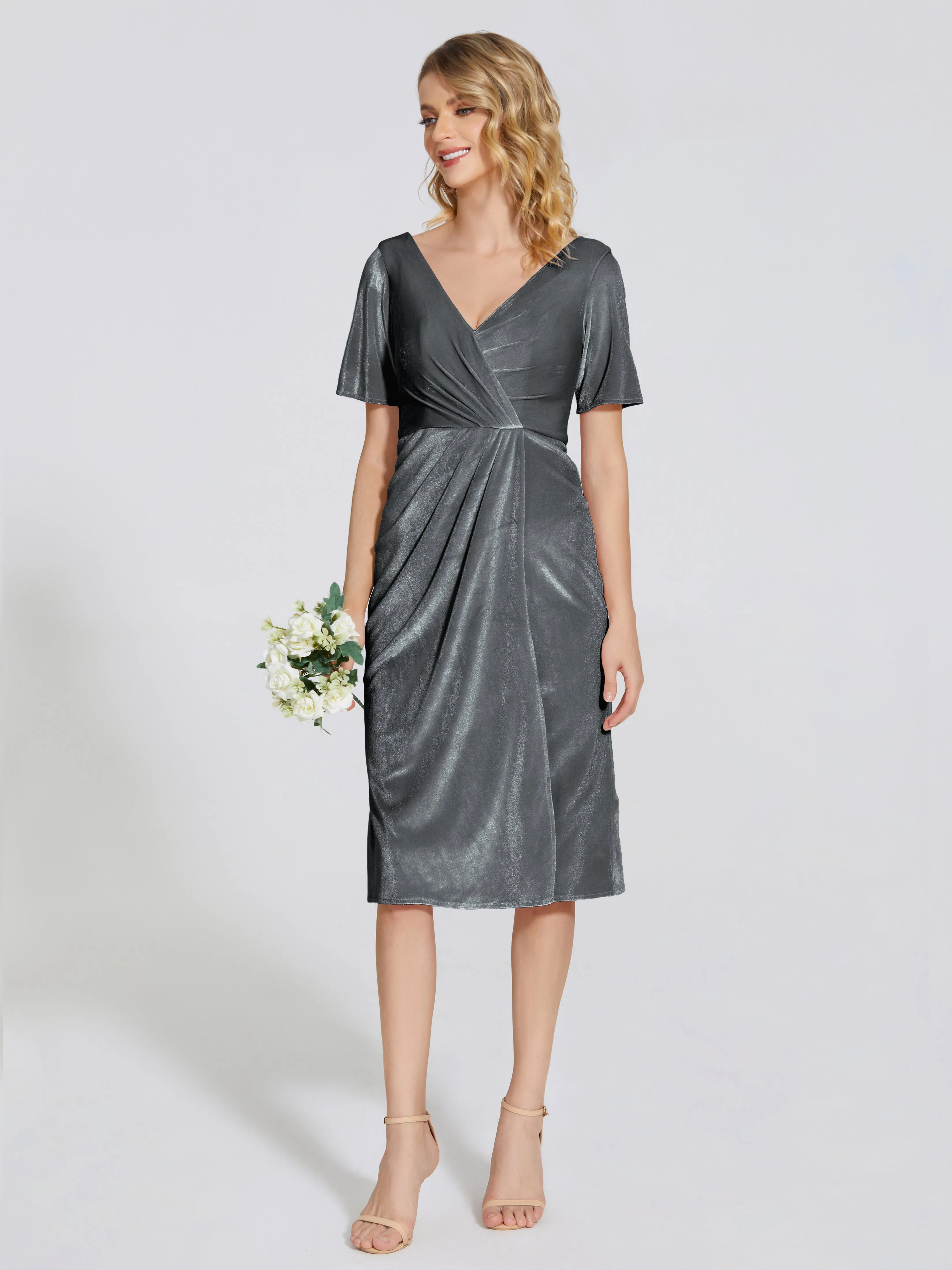 Kendall Flattering V-neck Knee Length Velvet Bridesmaid Dresses