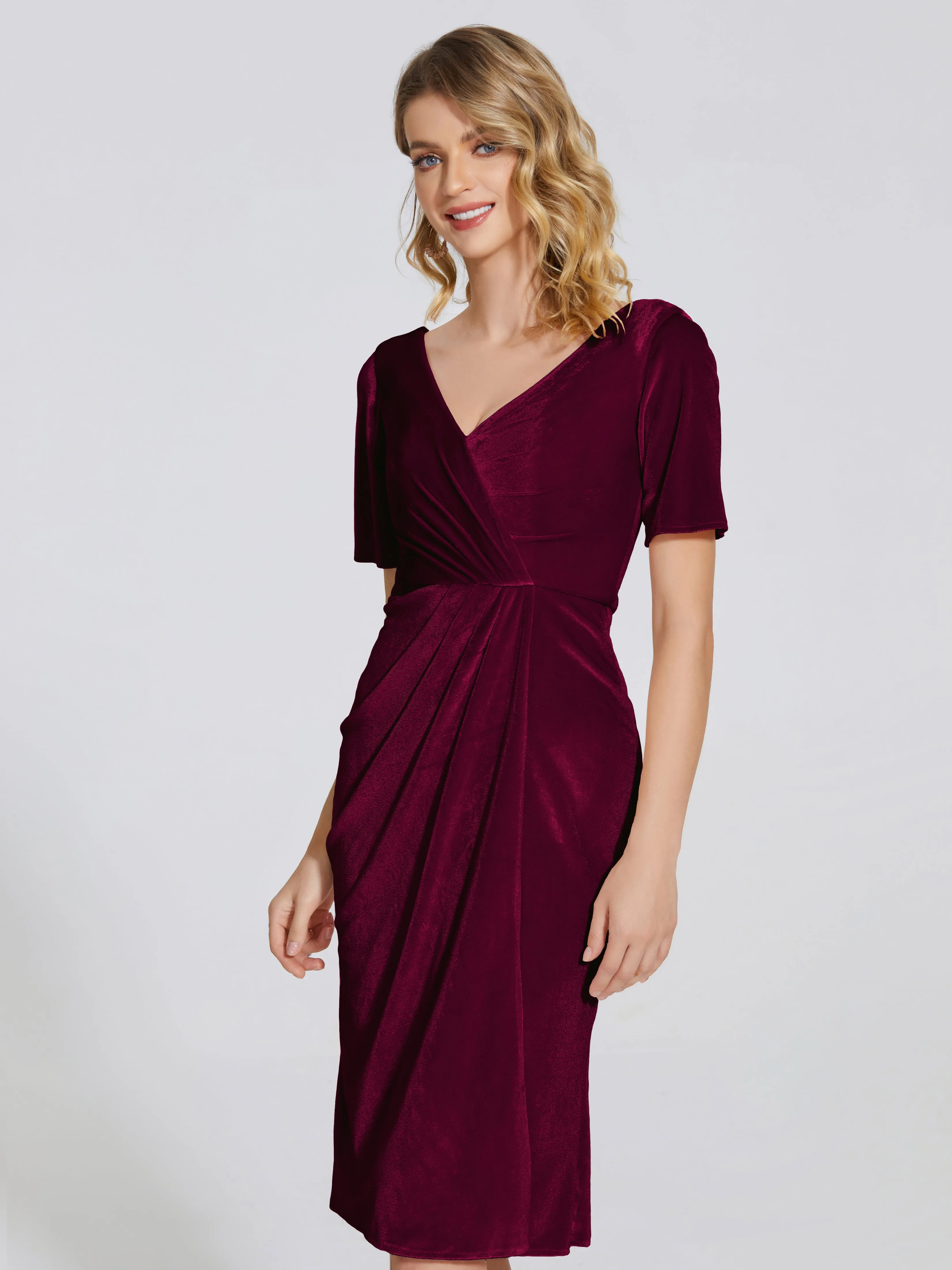 Kendall Flattering V-neck Knee Length Velvet Bridesmaid Dresses