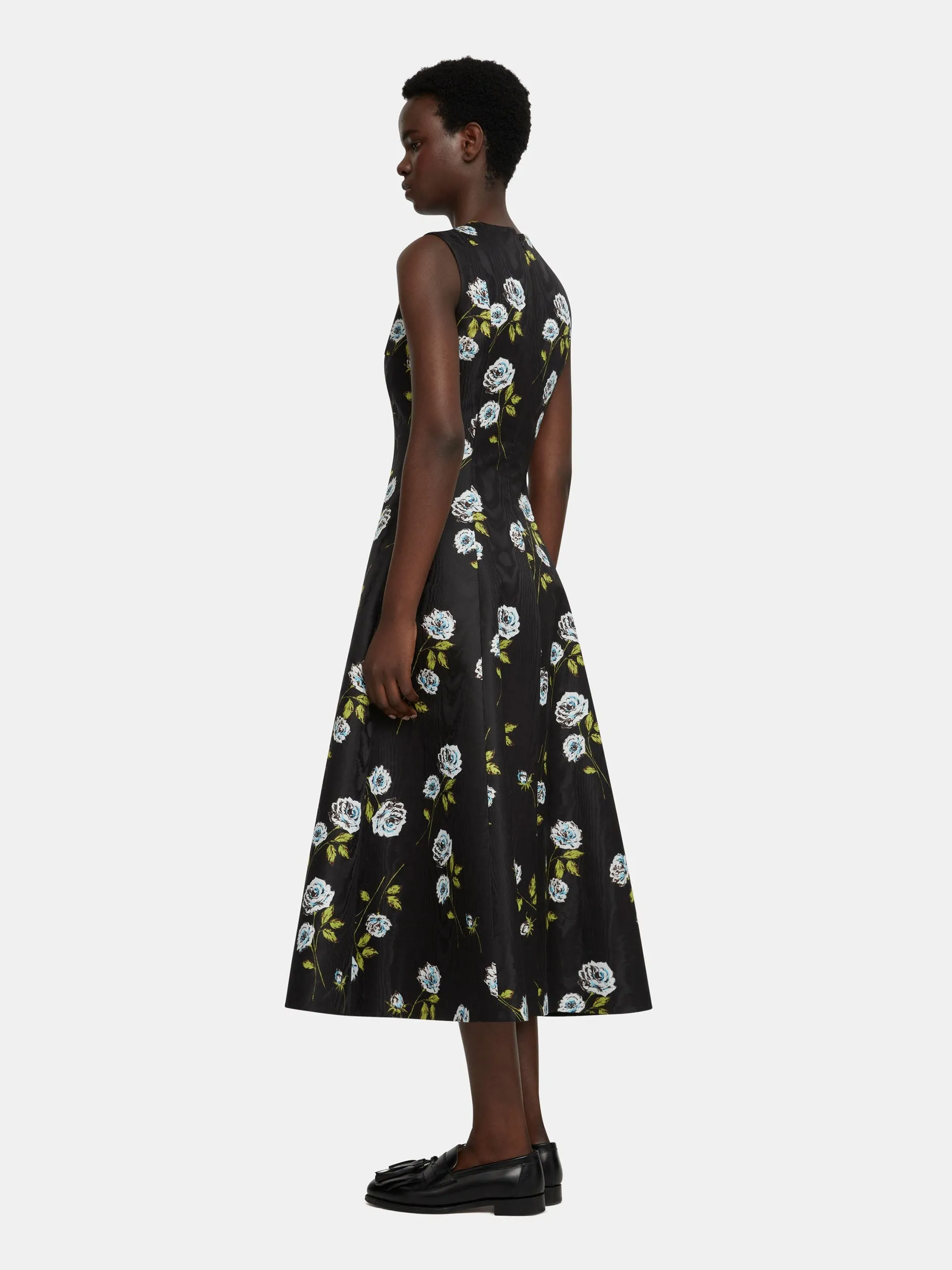 Mara black moire floral print dress