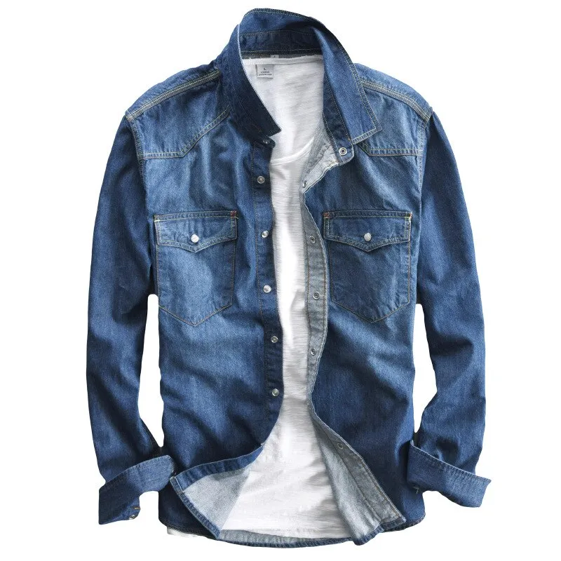 Men's long-sleeved solid denim shirt fashion brand Classic retro denim Pocket decoration Business shirt Spring and Autumn Tops