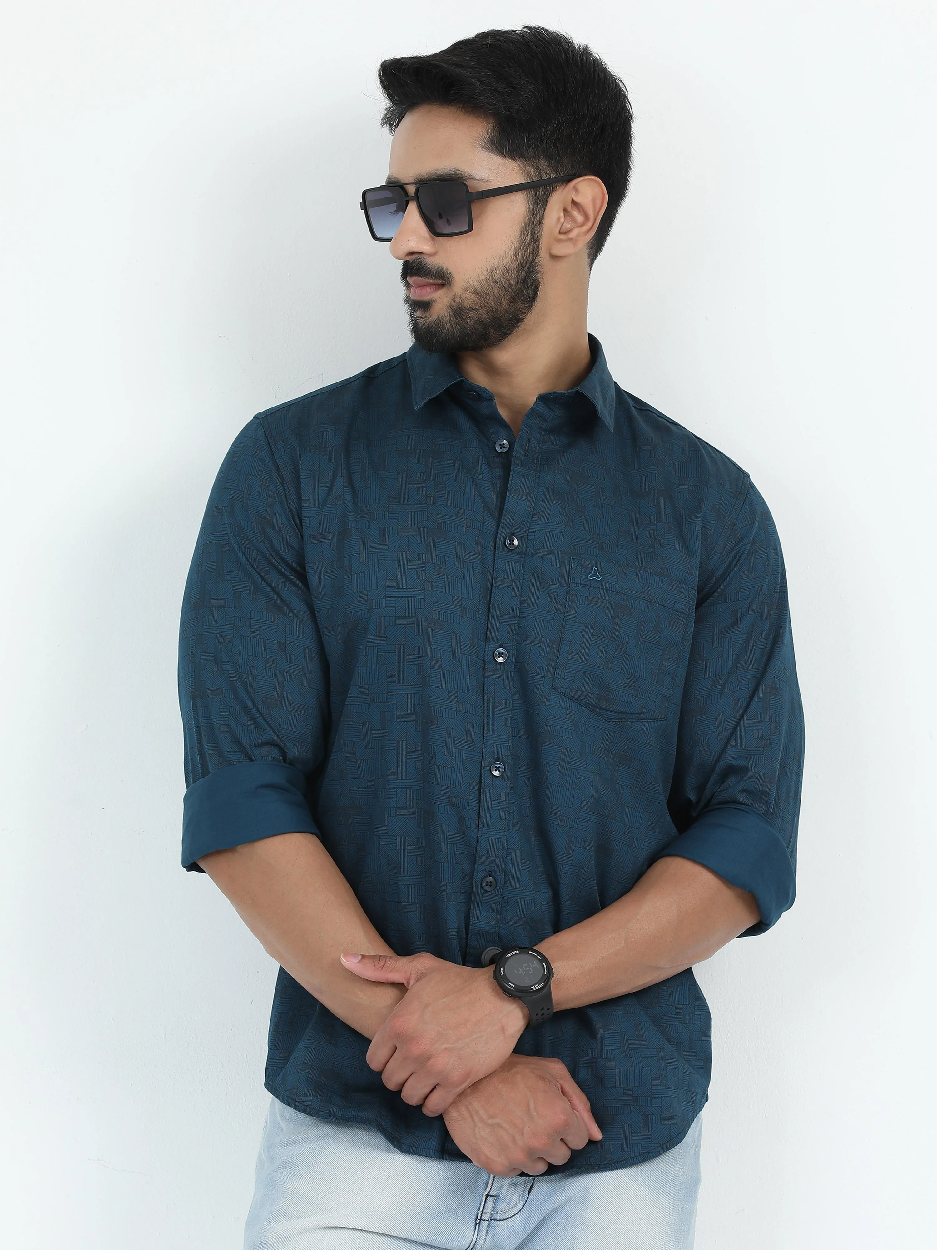 MEN'S P.BLUE  PRINT SLIM FIT SHIRT