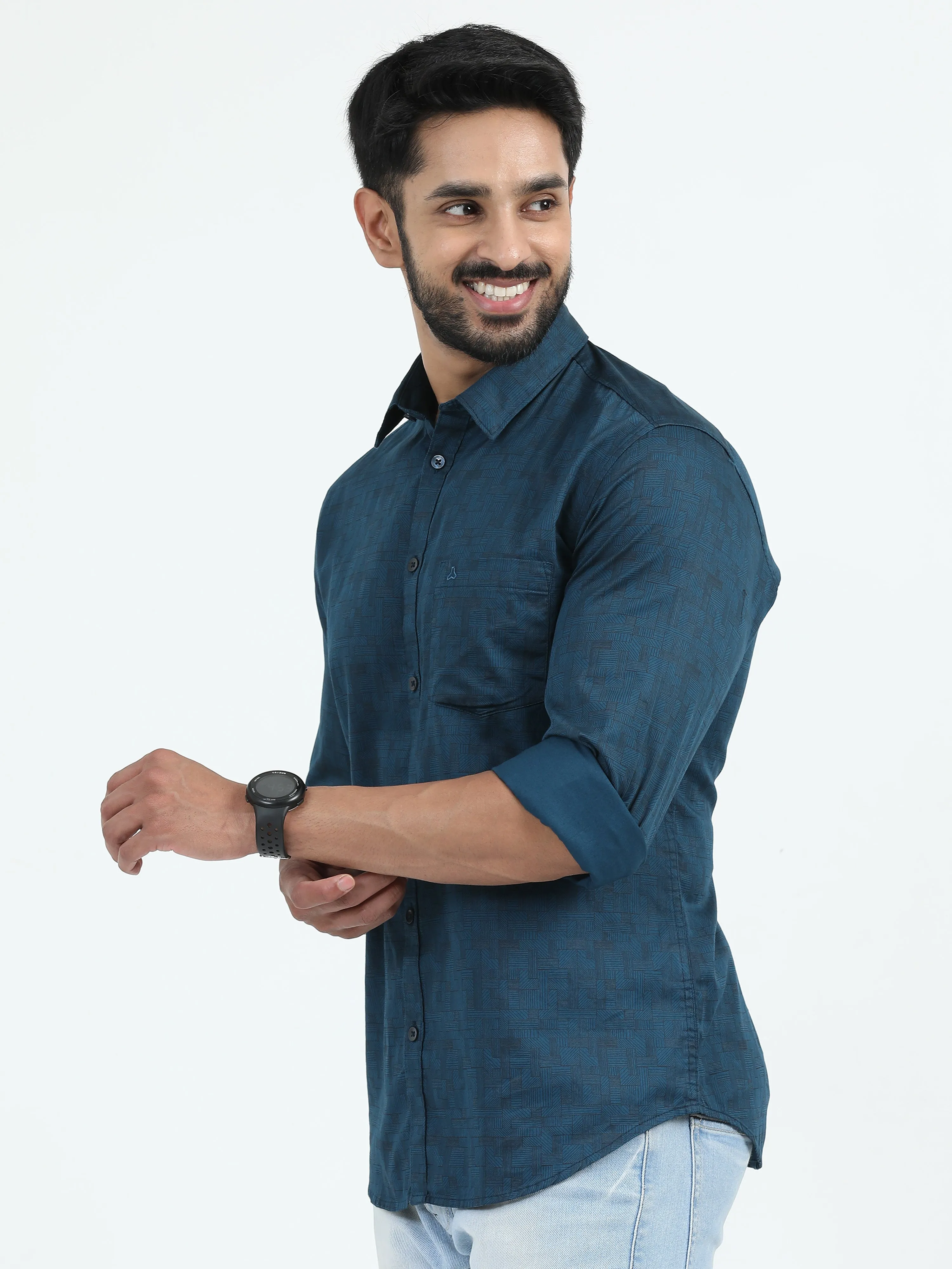 MEN'S P.BLUE  PRINT SLIM FIT SHIRT