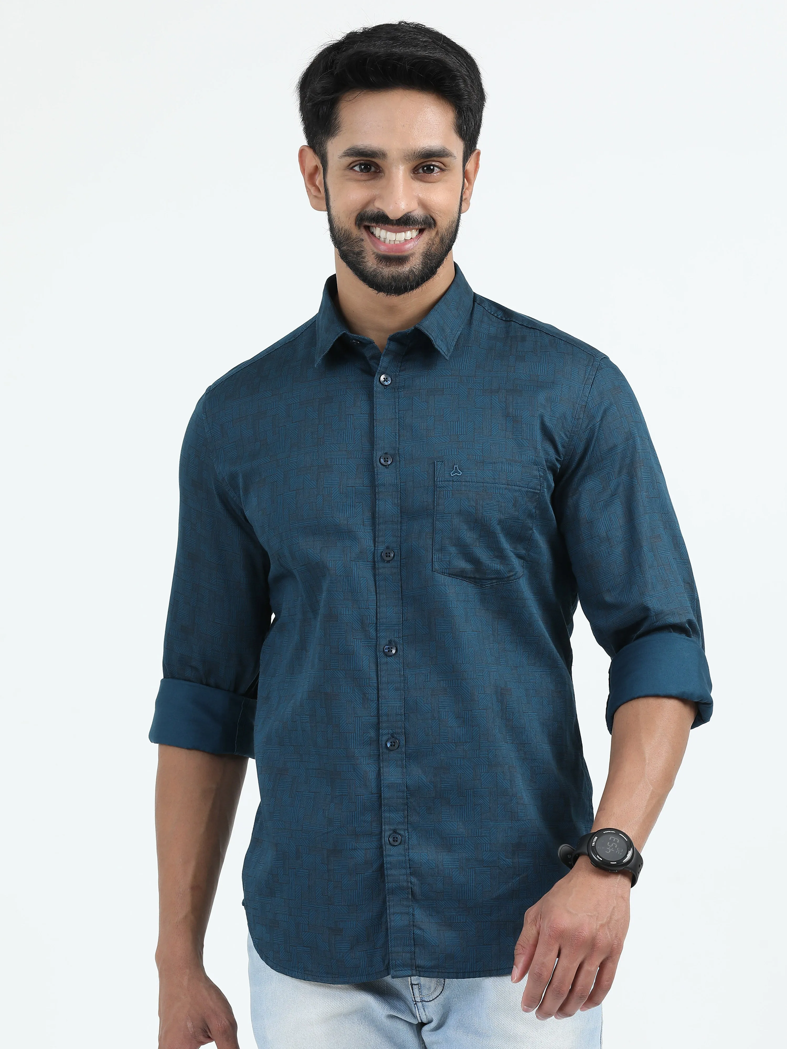 MEN'S P.BLUE  PRINT SLIM FIT SHIRT