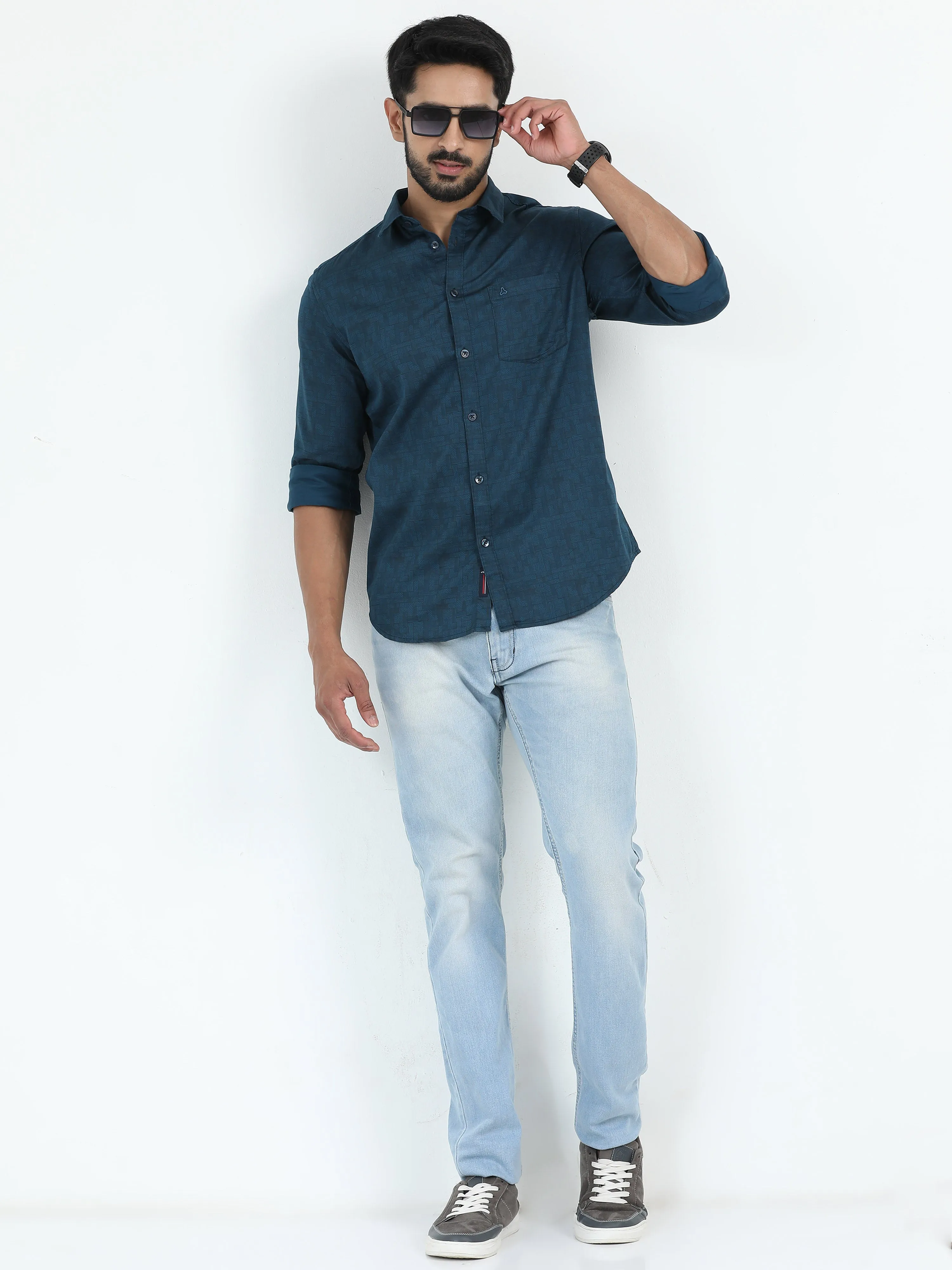 MEN'S P.BLUE  PRINT SLIM FIT SHIRT