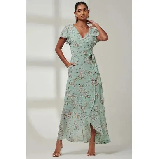 Mint Green Floral Print with White Polka Dot Wrap top Maxi Dress With Angel Sleeves