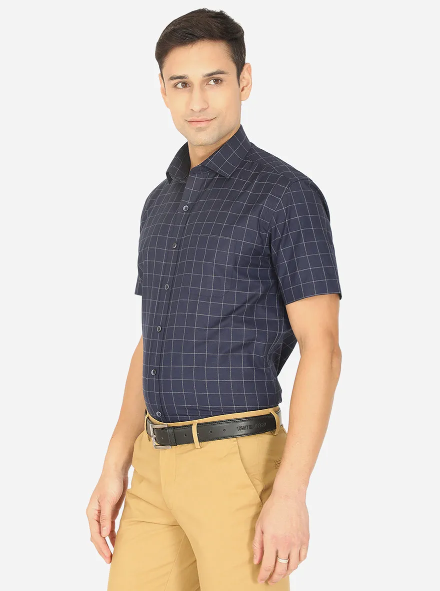 Navy Blue & Silver Checked Regular Fit Formal Shirt | Greenfibre