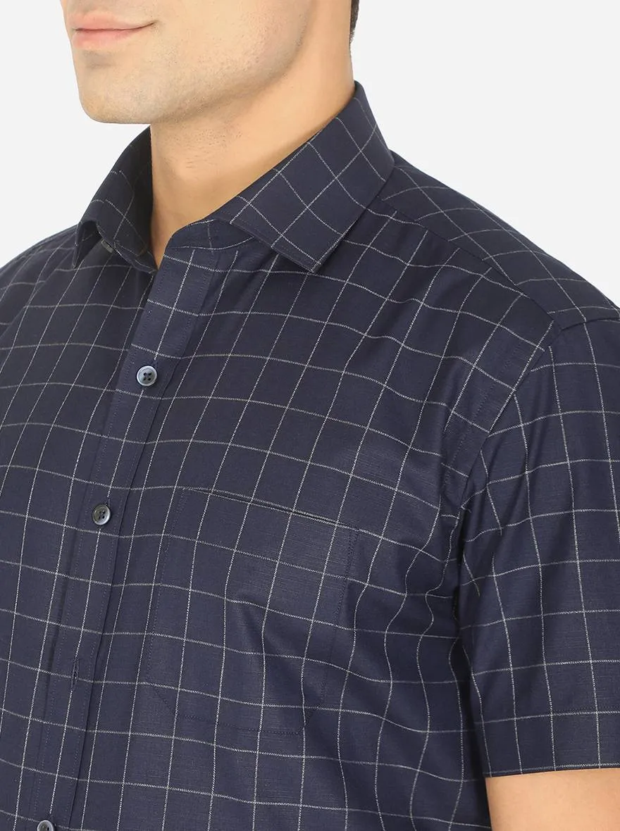 Navy Blue & Silver Checked Regular Fit Formal Shirt | Greenfibre