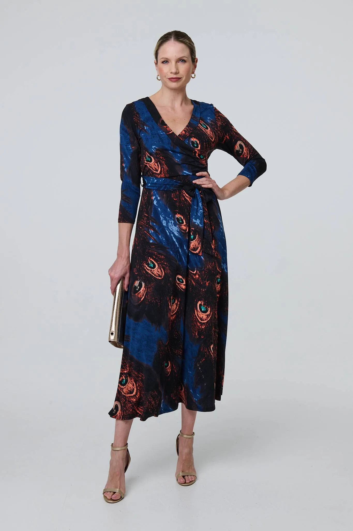 Peacock Print 3/4 Sleeve Wrap Maxi Dress