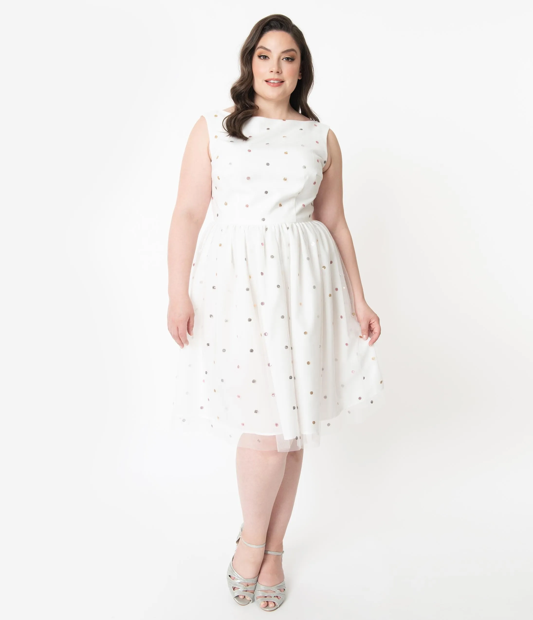 Plus Size Ivory Mesh & Rainbow Sequin Dots Audrey Swing Dress