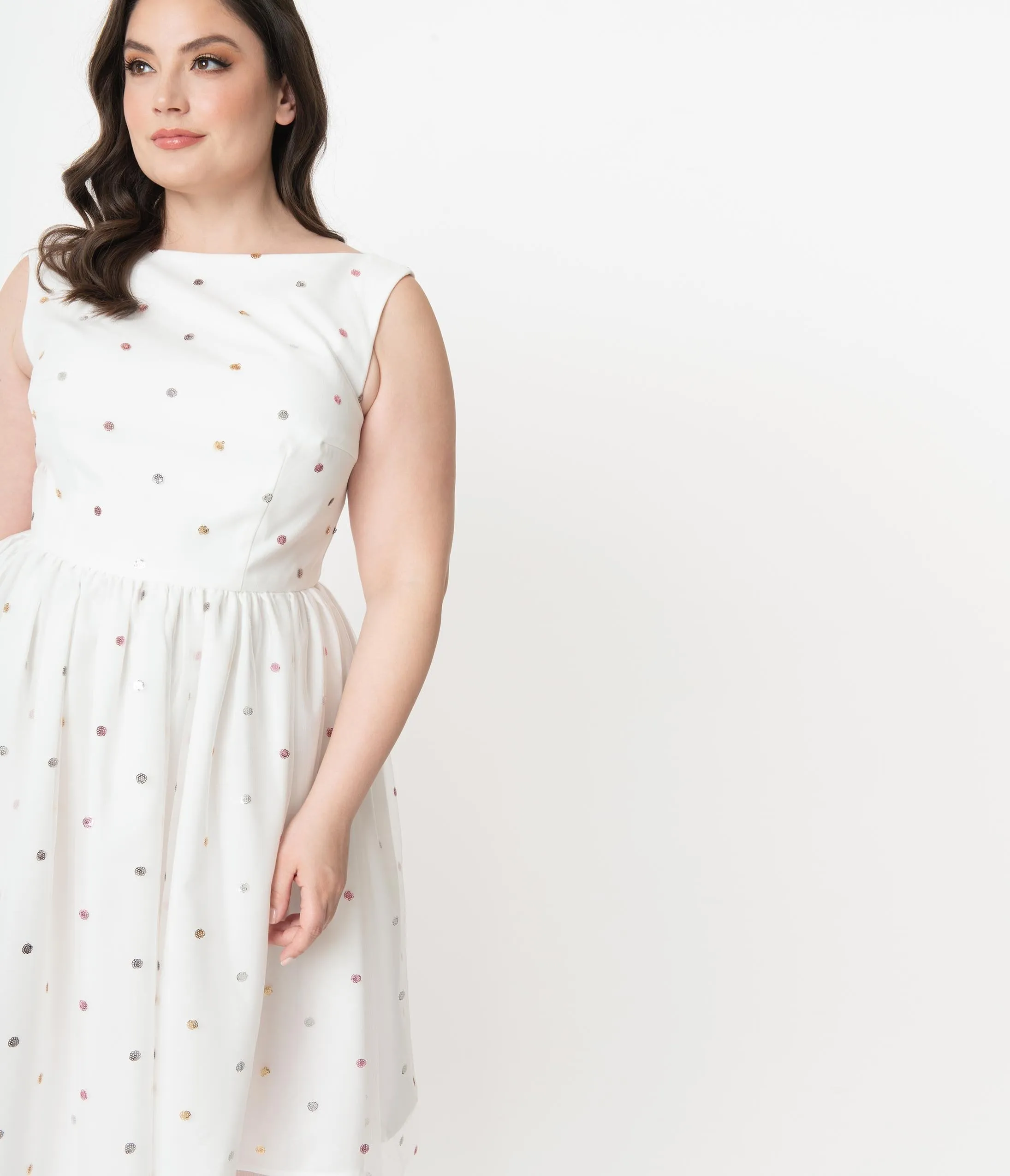 Plus Size Ivory Mesh & Rainbow Sequin Dots Audrey Swing Dress