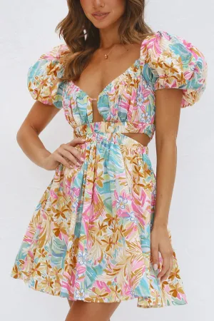 Puff Sleeve Floral Waist Cutout Backless Floral Short Sleeve Flare Skirt Mini Dress KESLEY