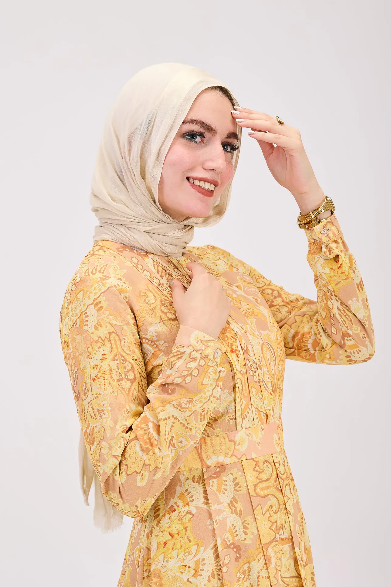 Rafif Elegant Chiffon High Neck Hijab Dress in Golden Yellow Floral