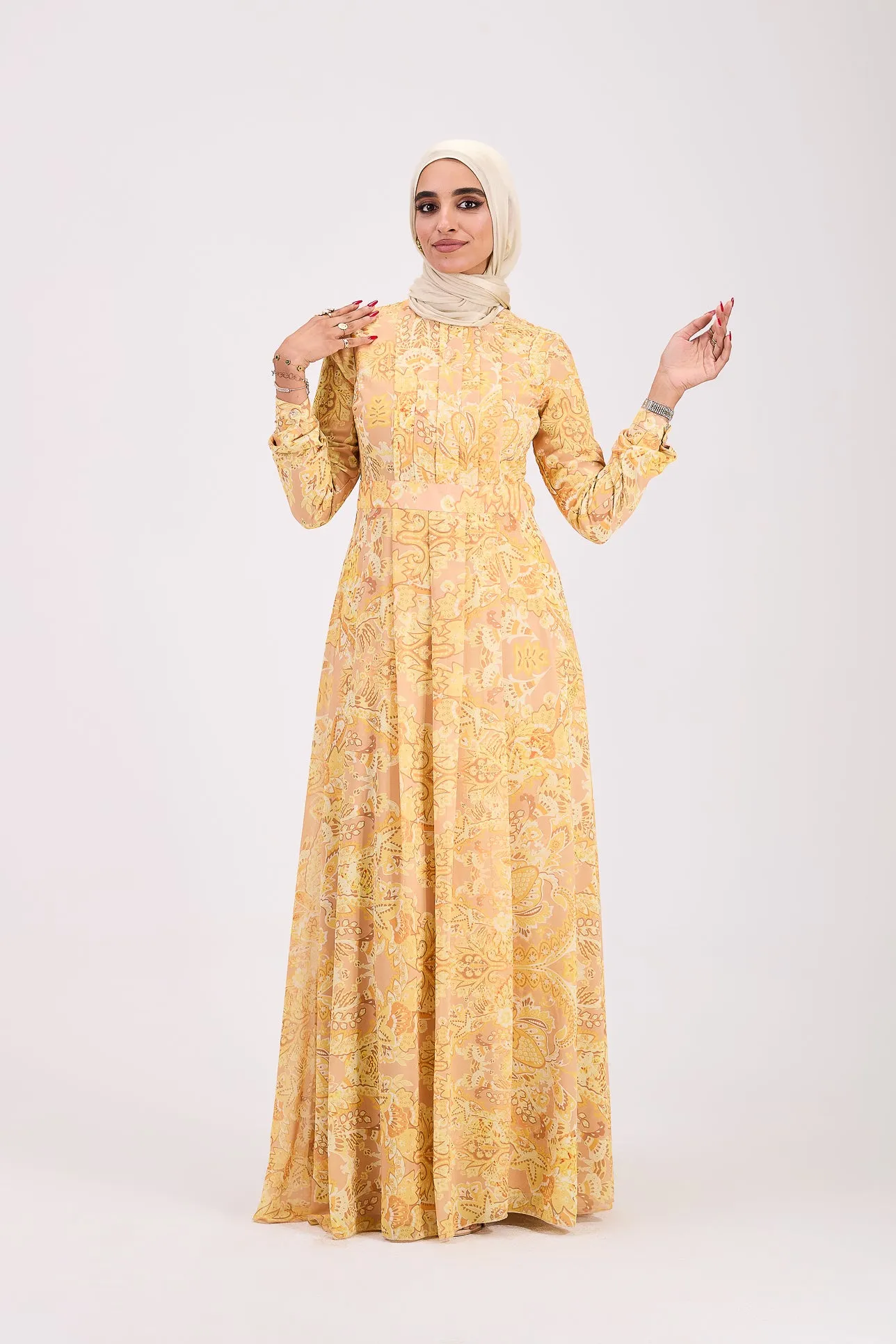 Rafif Elegant Chiffon High Neck Hijab Dress in Golden Yellow Floral