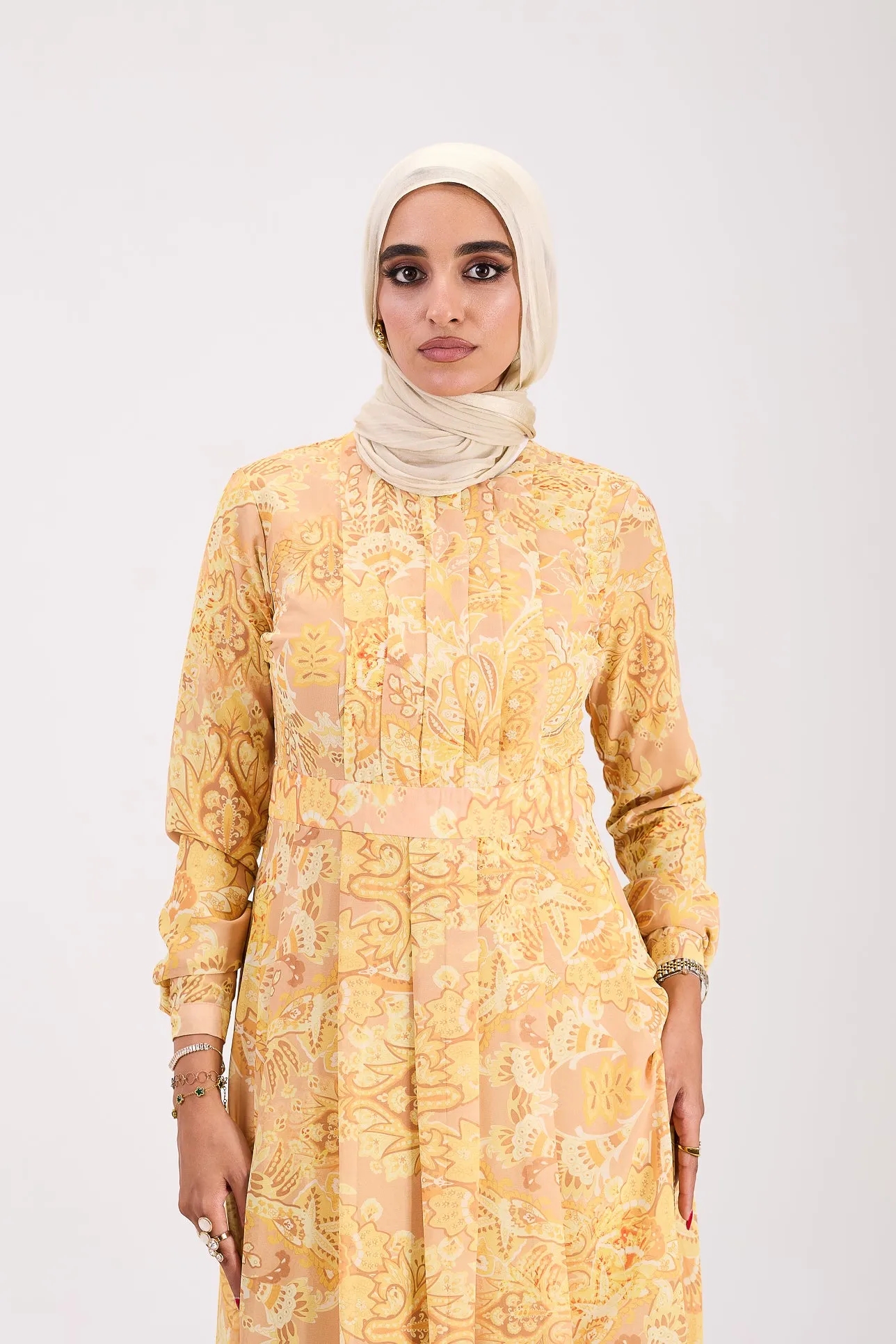 Rafif Elegant Chiffon High Neck Hijab Dress in Golden Yellow Floral