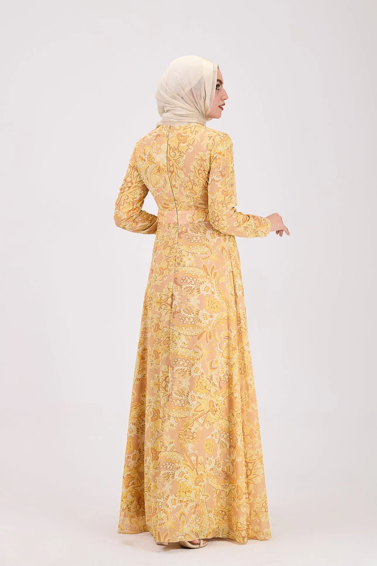 Rafif Elegant Chiffon High Neck Hijab Dress in Golden Yellow Floral