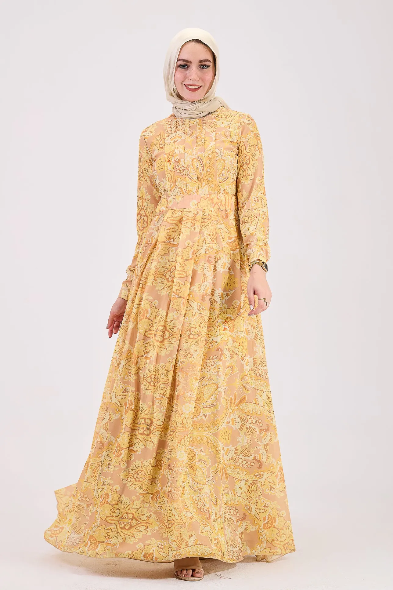 Rafif Elegant Chiffon High Neck Hijab Dress in Golden Yellow Floral