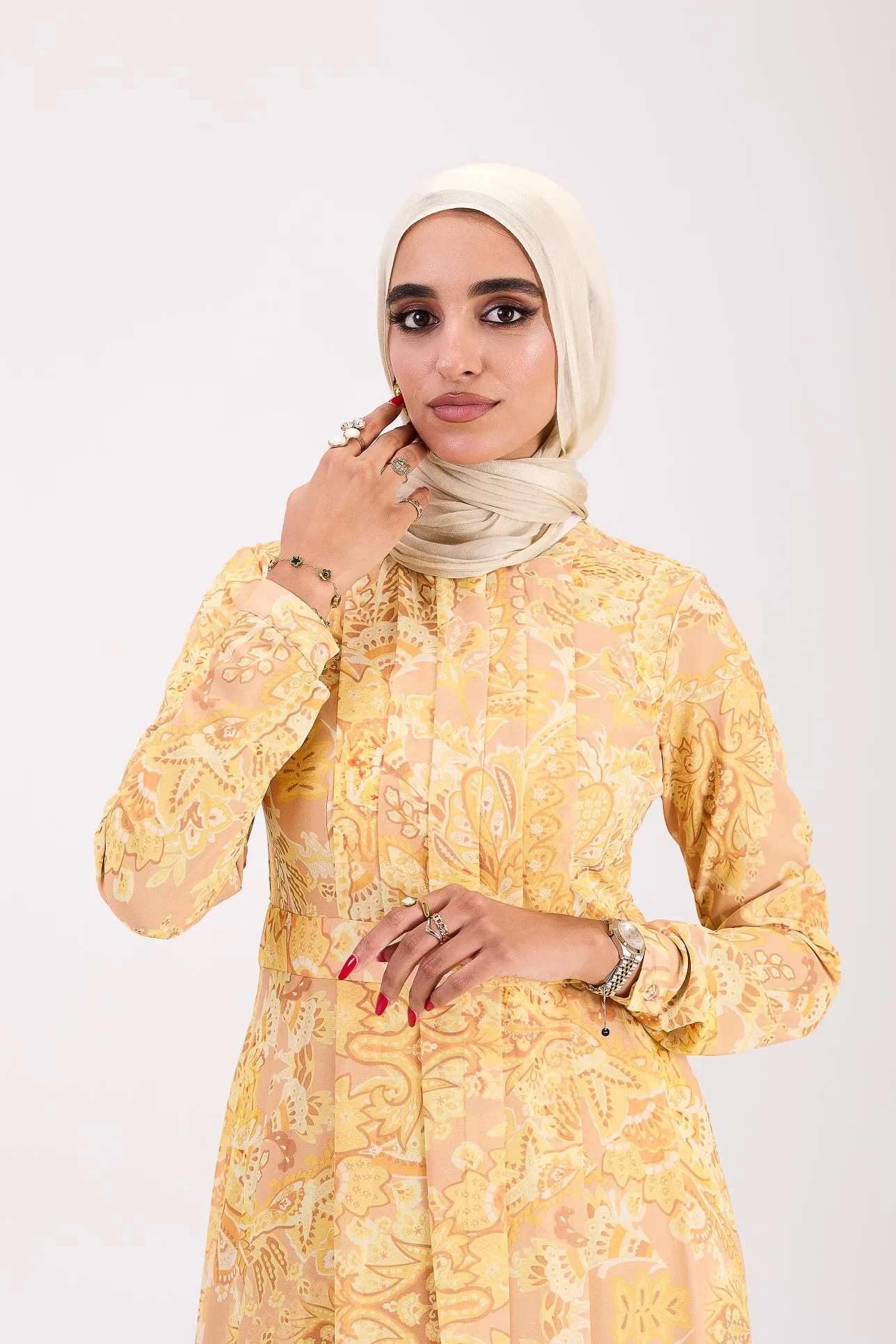 Rafif Elegant Chiffon High Neck Hijab Dress in Golden Yellow Floral