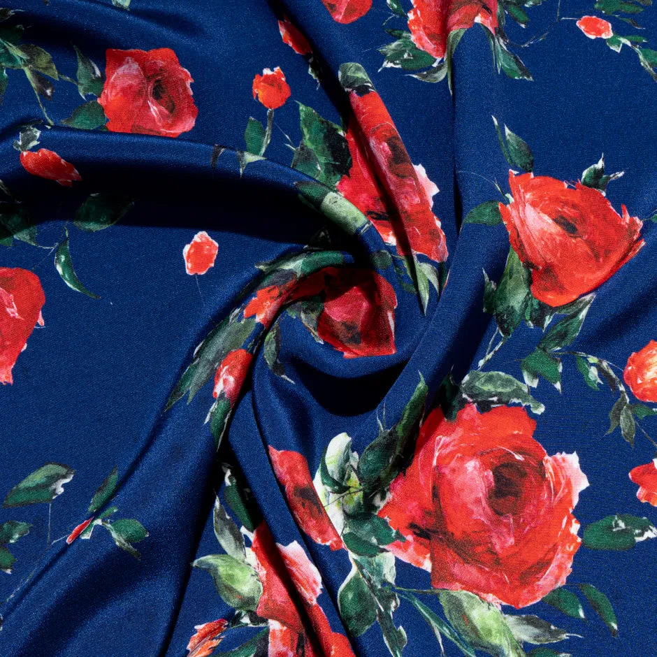 Red Rose Printed French Blue Silk Crêpe