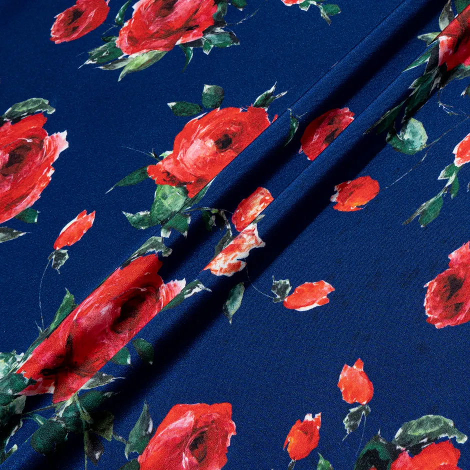 Red Rose Printed French Blue Silk Crêpe