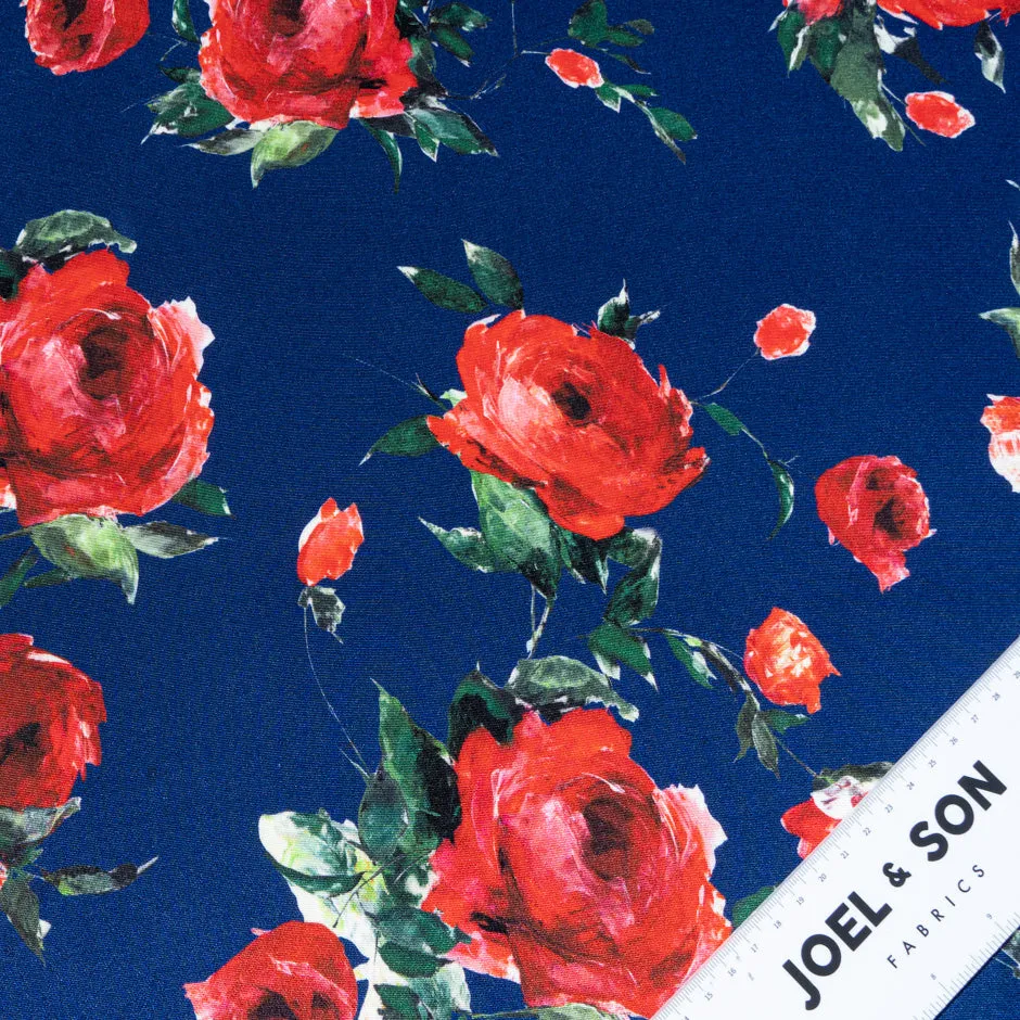 Red Rose Printed French Blue Silk Crêpe