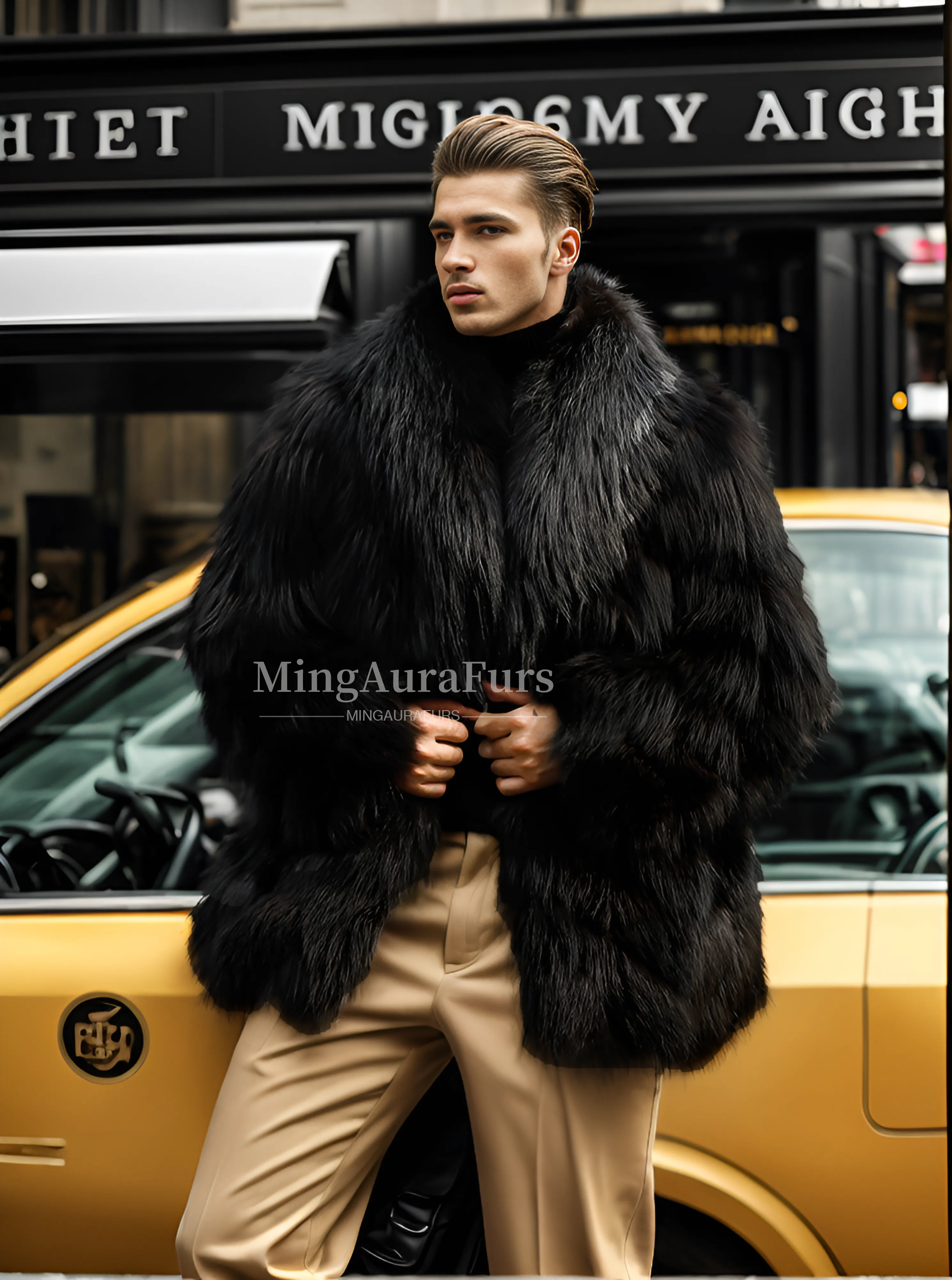 Refined Elegance: Men's Black Silver Fox Coat M816