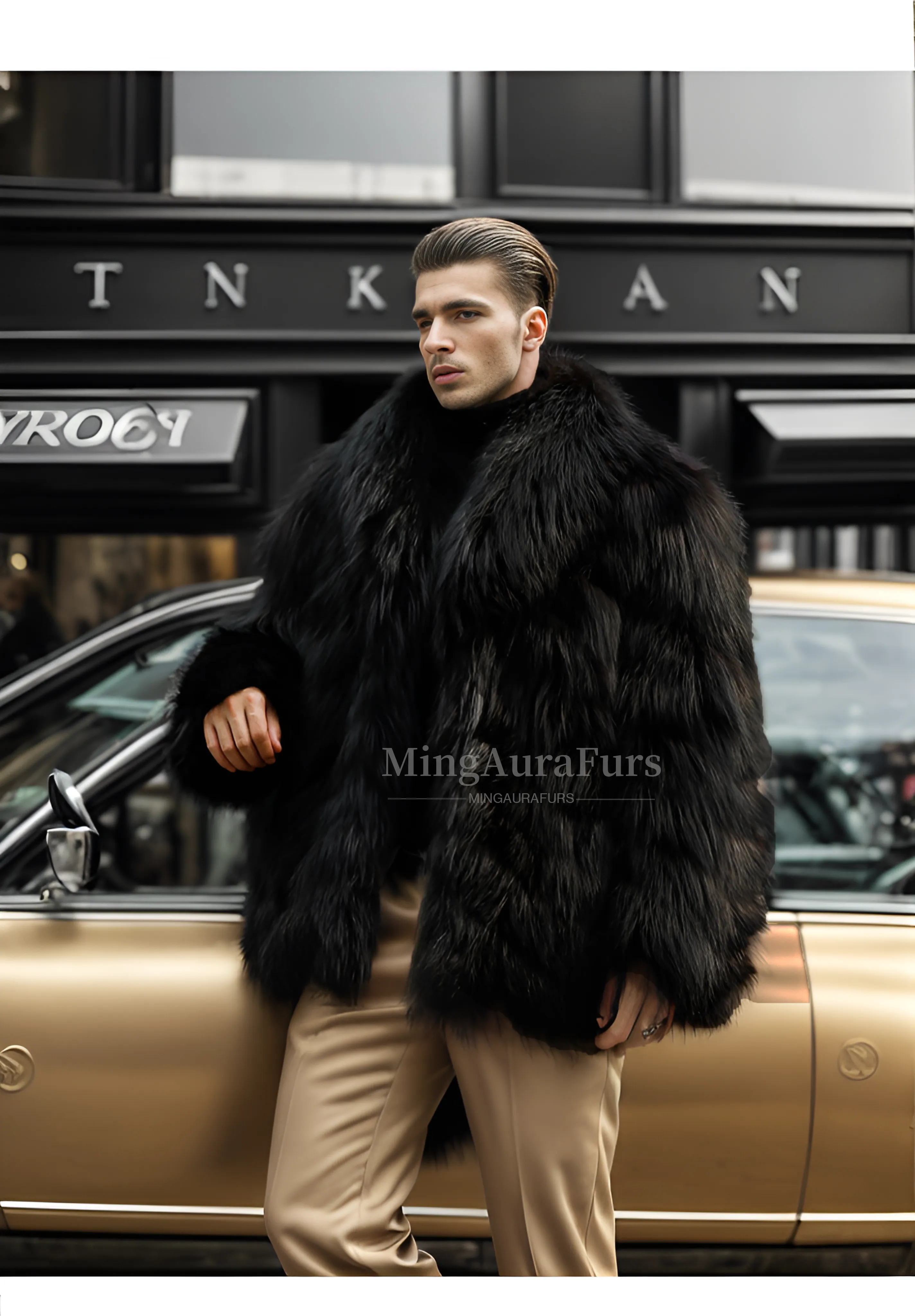 Refined Elegance: Men's Black Silver Fox Coat M816