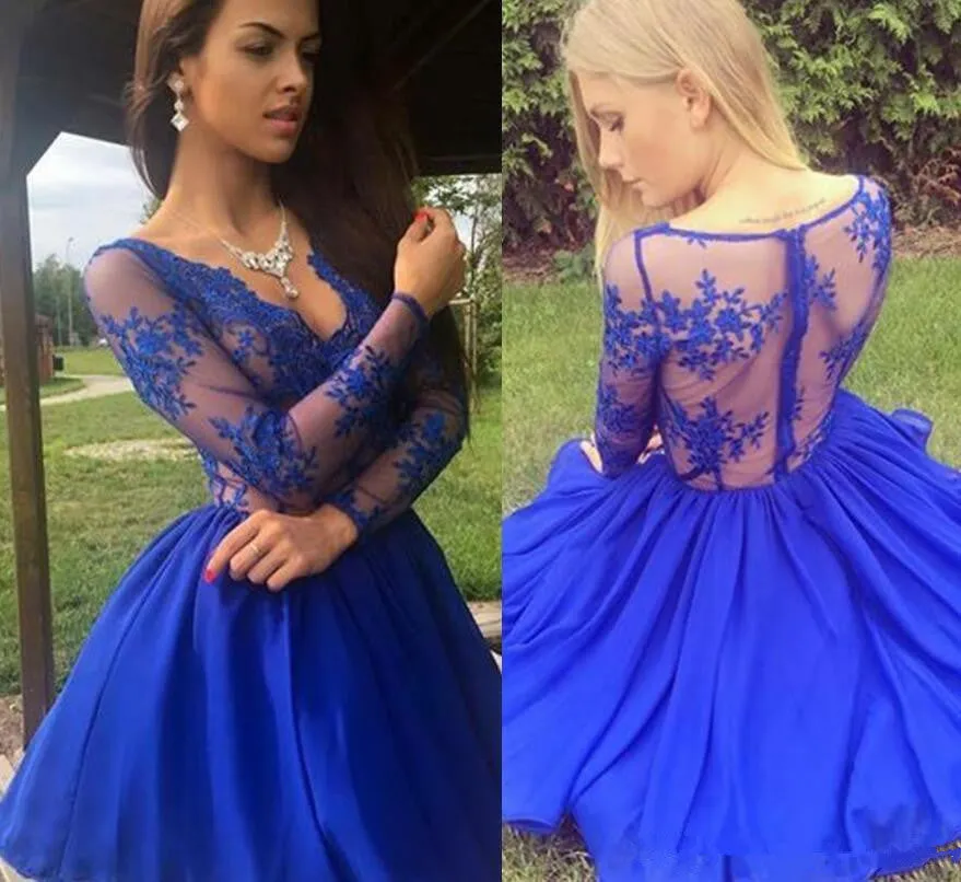 Royal-Blue Long-Sleeve Short Prom Dress | Lace Homecoming Dress BA9184