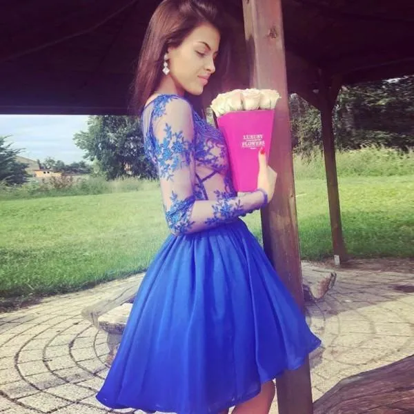 Royal-Blue Long-Sleeve Short Prom Dress | Lace Homecoming Dress BA9184