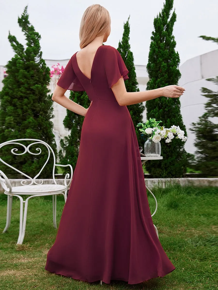 Ruffled Sleeves and V-Neck Pleated A-Line Chiffon Bridesmaid Dress