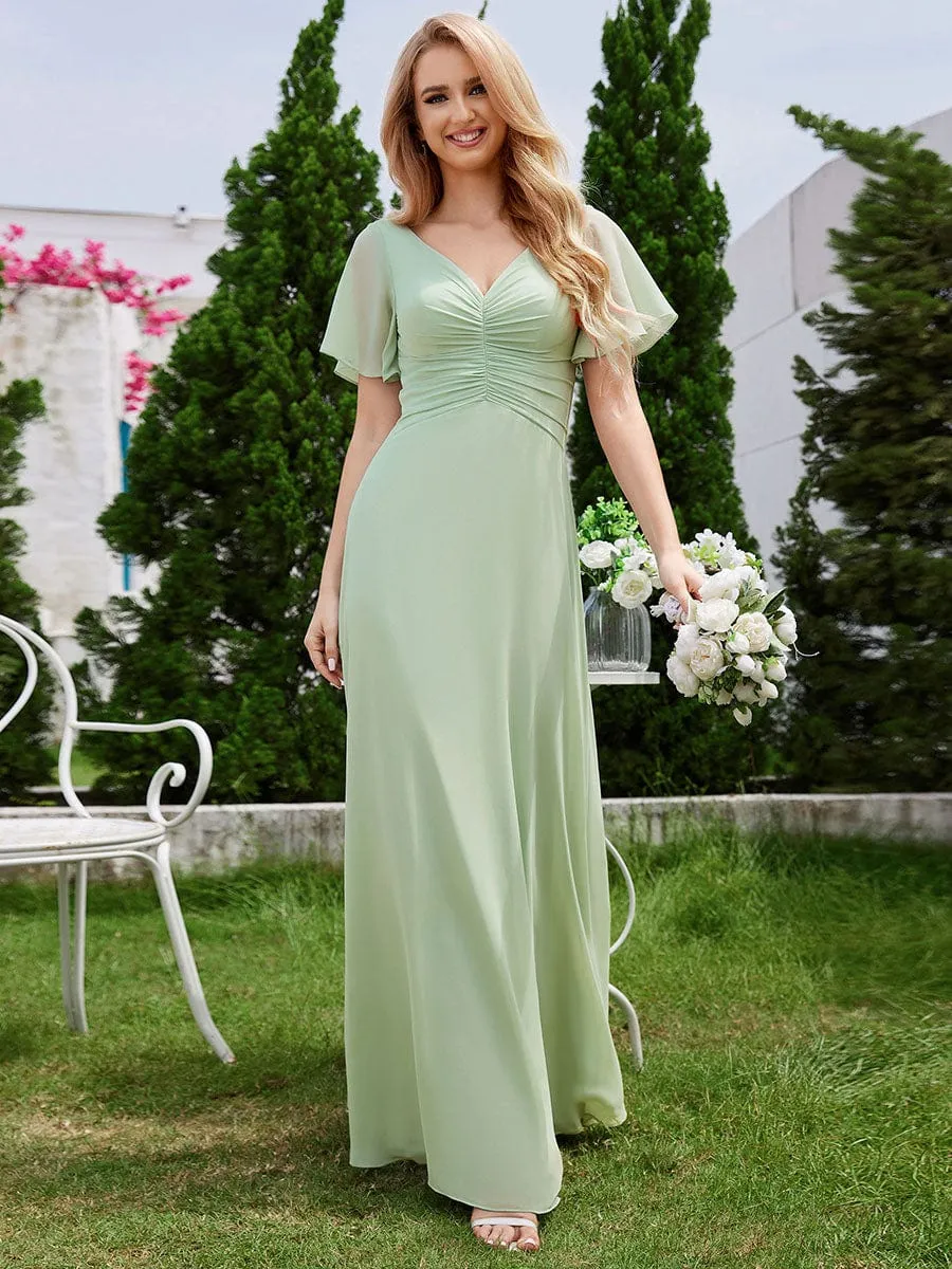 Ruffled Sleeves and V-Neck Pleated A-Line Chiffon Bridesmaid Dress