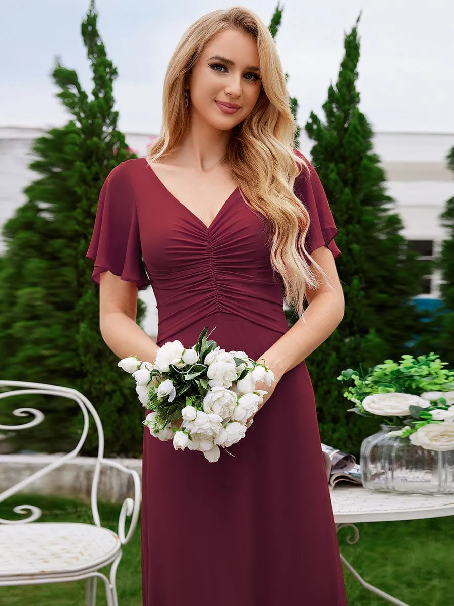 Ruffled Sleeves and V-Neck Pleated A-Line Chiffon Bridesmaid Dress