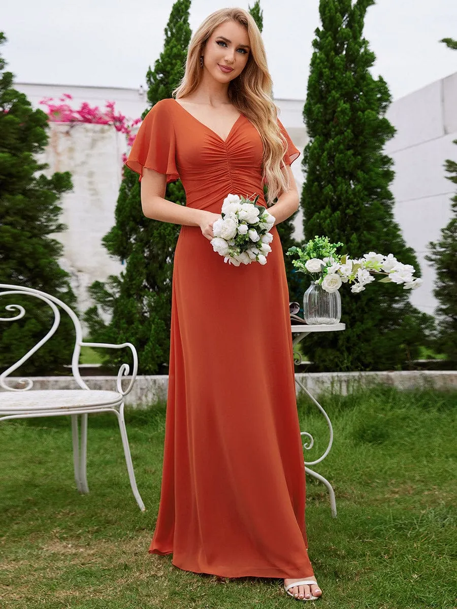 Ruffled Sleeves and V-Neck Pleated A-Line Chiffon Bridesmaid Dress