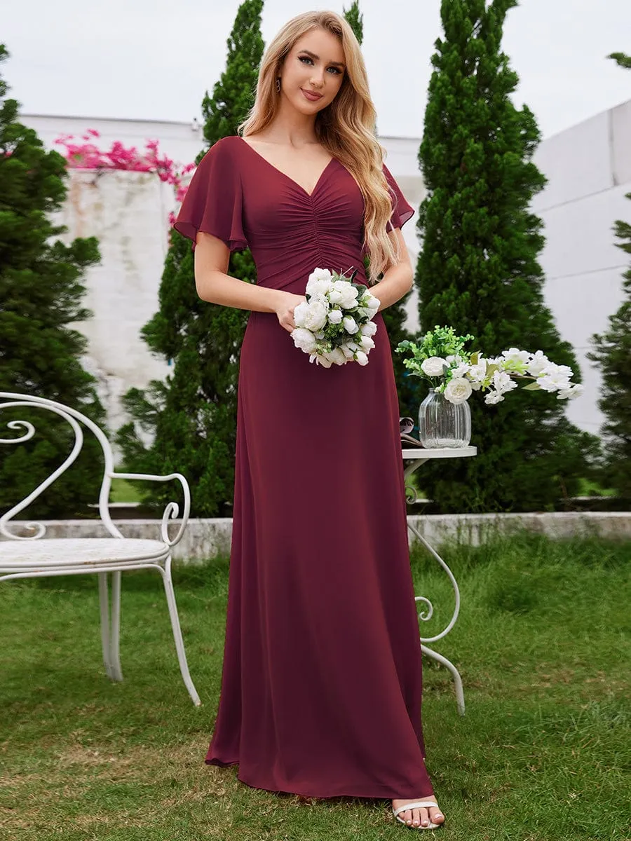 Ruffled Sleeves and V-Neck Pleated A-Line Chiffon Bridesmaid Dress