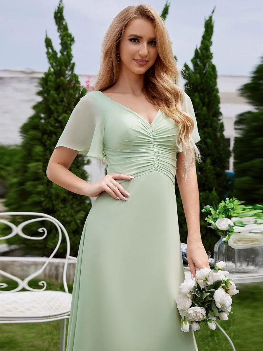 Ruffled Sleeves and V-Neck Pleated A-Line Chiffon Bridesmaid Dress