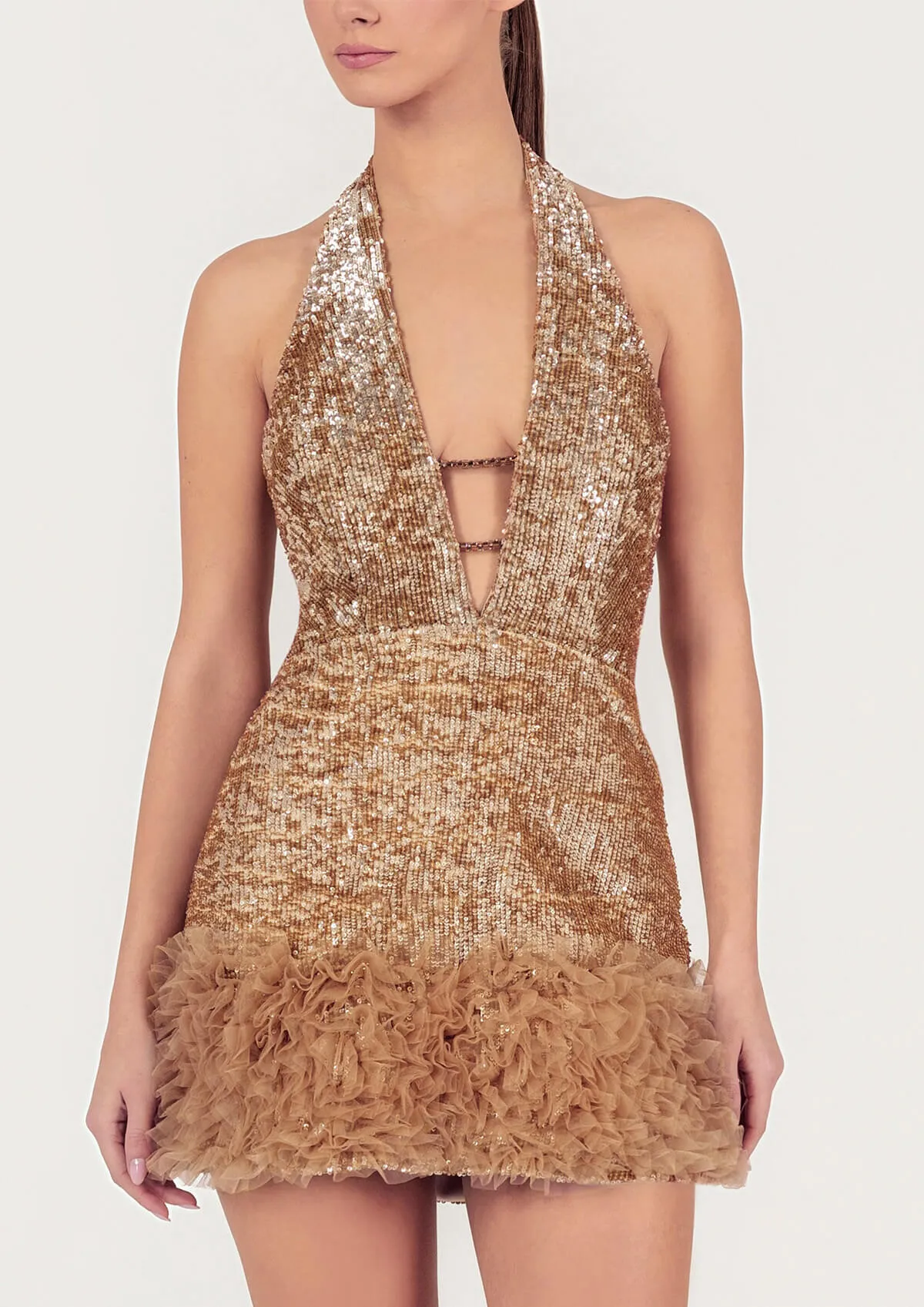 Sequinned Ruffled V-Neck Mini Dress