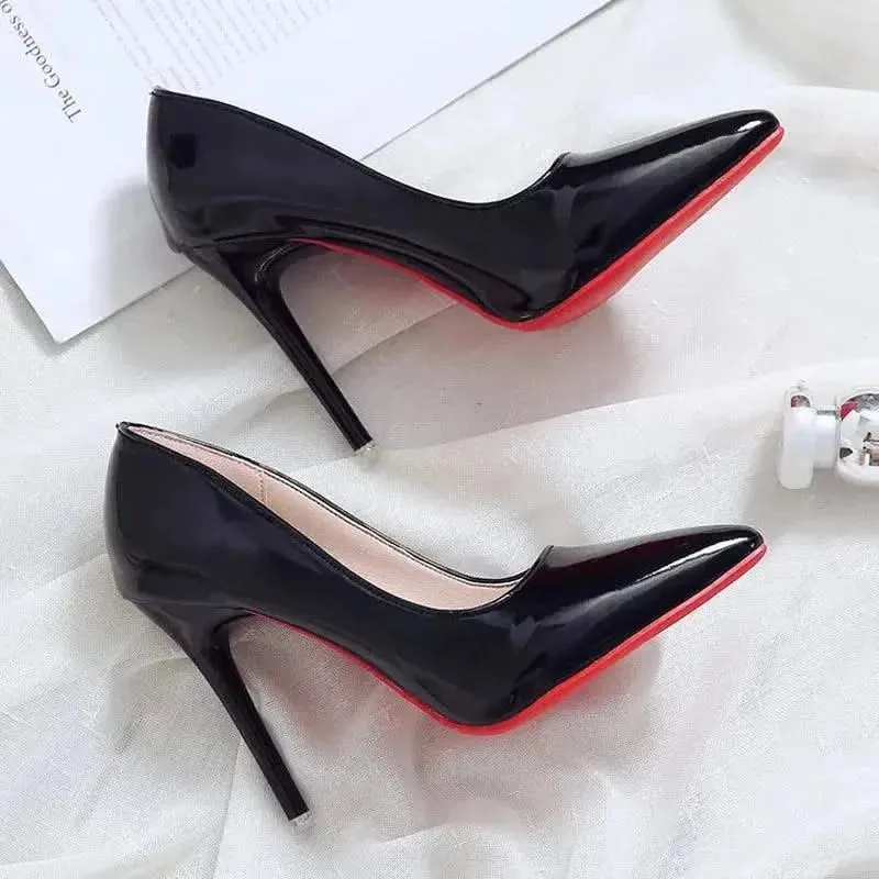 Shijunyi Luxe Black Patent High Heels with Iconic Red Sole