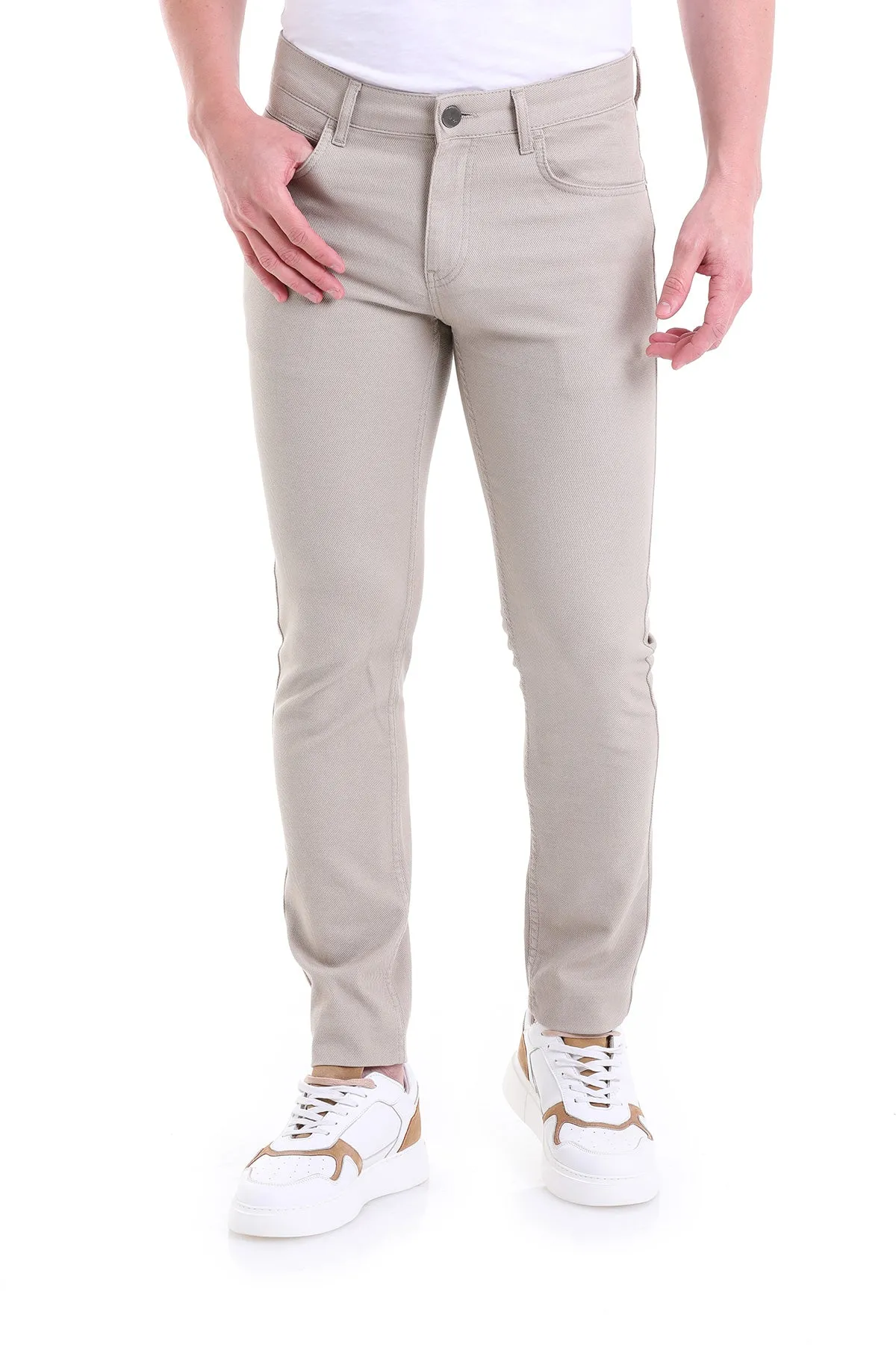 Slim Fit Low Waist Beige Cotton Casual Pants