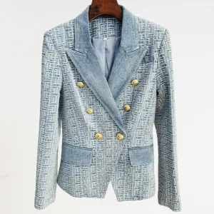 Slim Fitting Double Breasted Geometric Denim Blazer