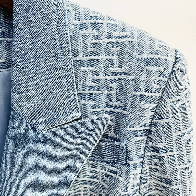 Slim Fitting Double Breasted Geometric Denim Blazer