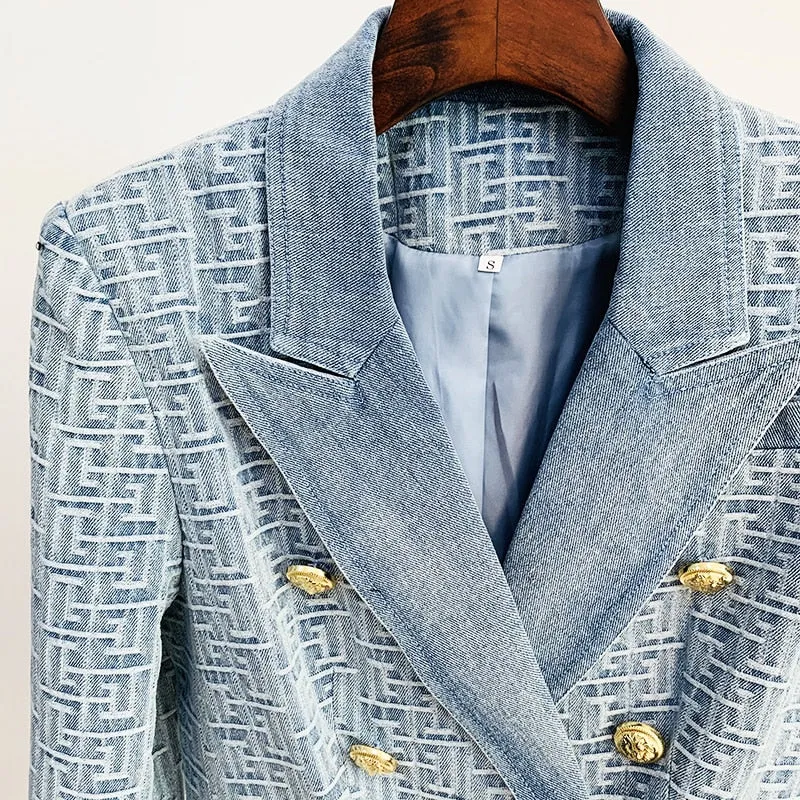 Slim Fitting Double Breasted Geometric Denim Blazer